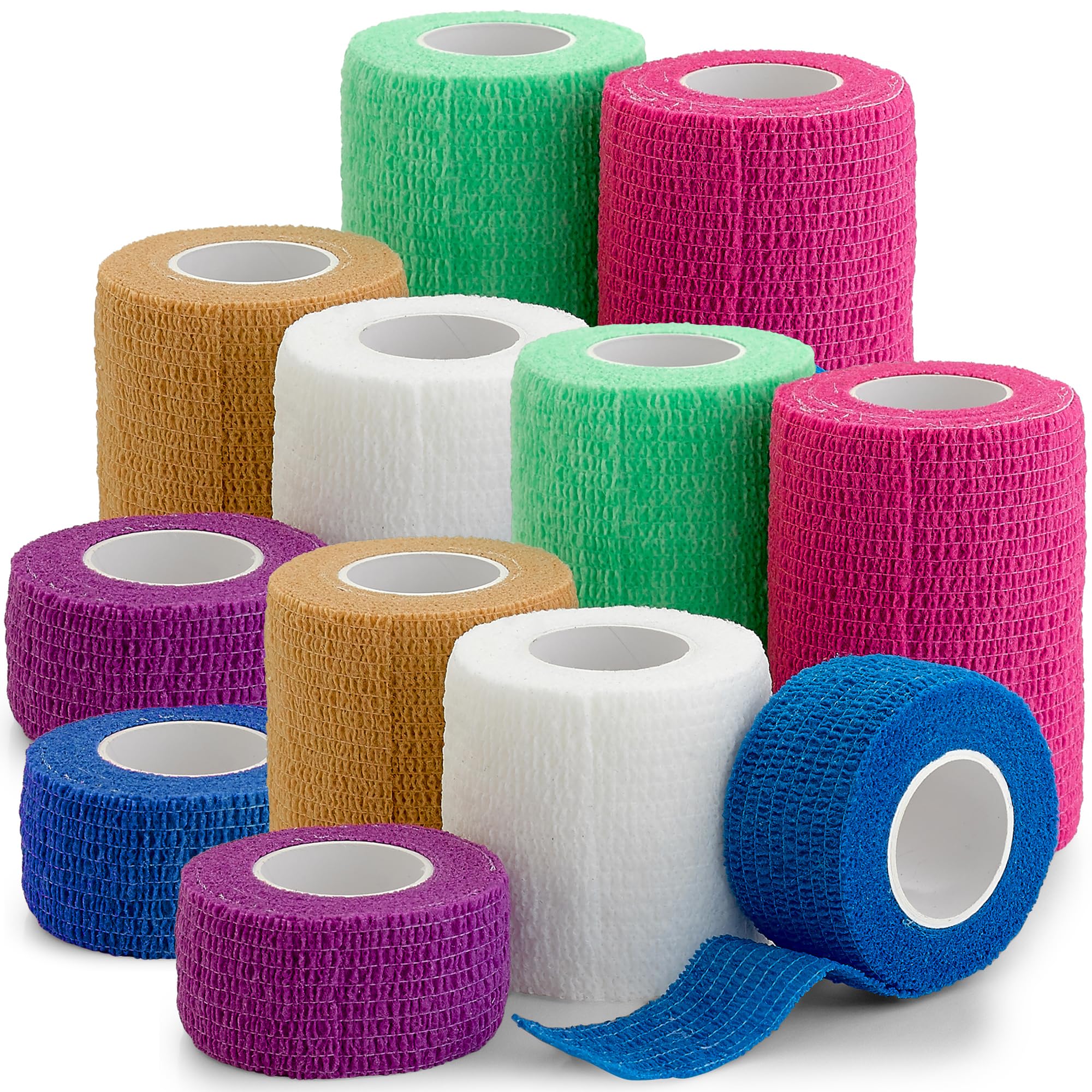 Self Adherent Cohesive Tape Rolls - Pack of 12-1" 2" 3" x5 Yards Combo Pack, Self Adhesive Bandage Rolls & Sports Athletic Wrap for Ankle, Wrist,
