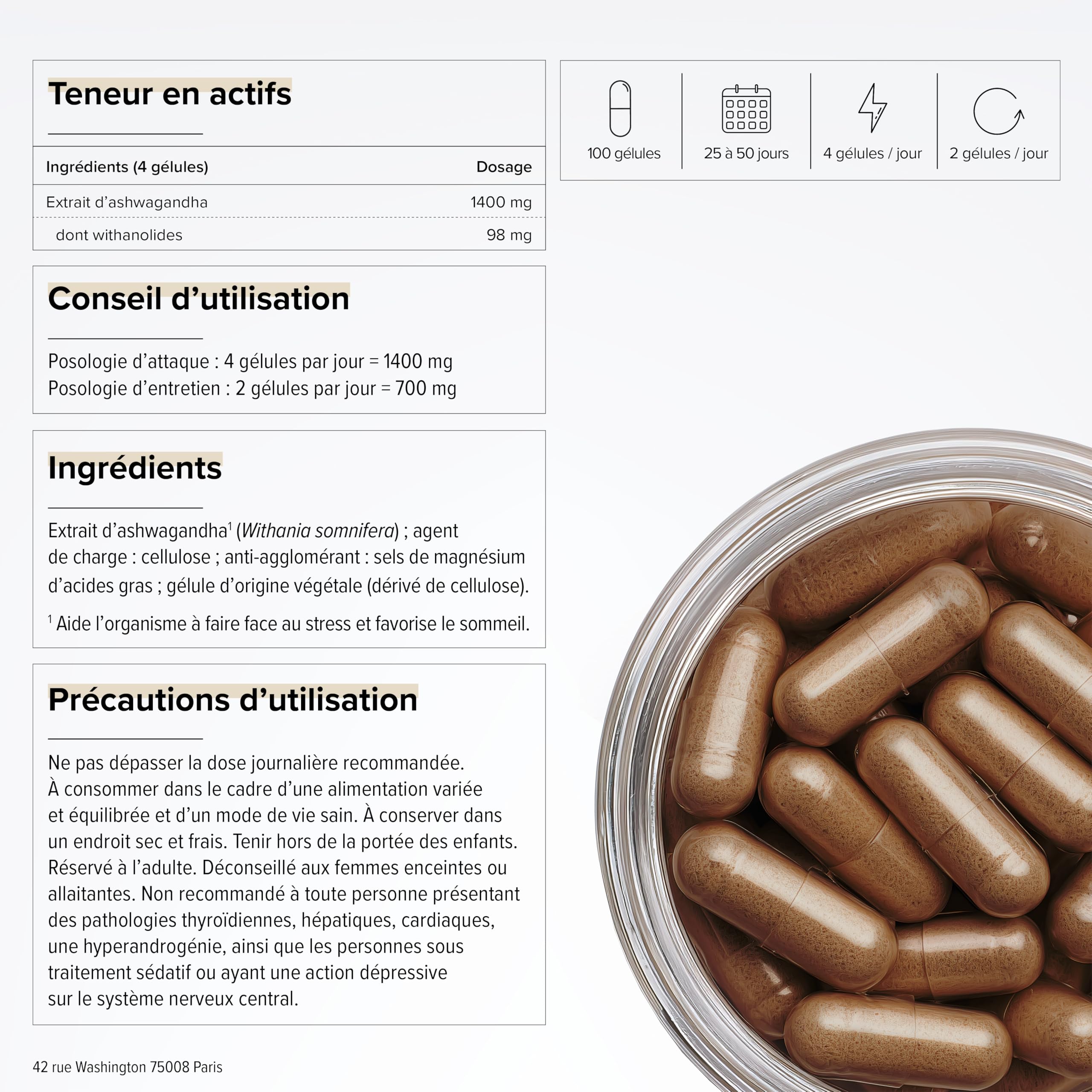 Ashwagandha 1400mg - Régulation Cortisol - Extra Fort : 7% Withanolides - Anti Stress & Sommeil - Ashwagandha Pure - 100 Gélules Végétales - Vegan - Beyond Elements