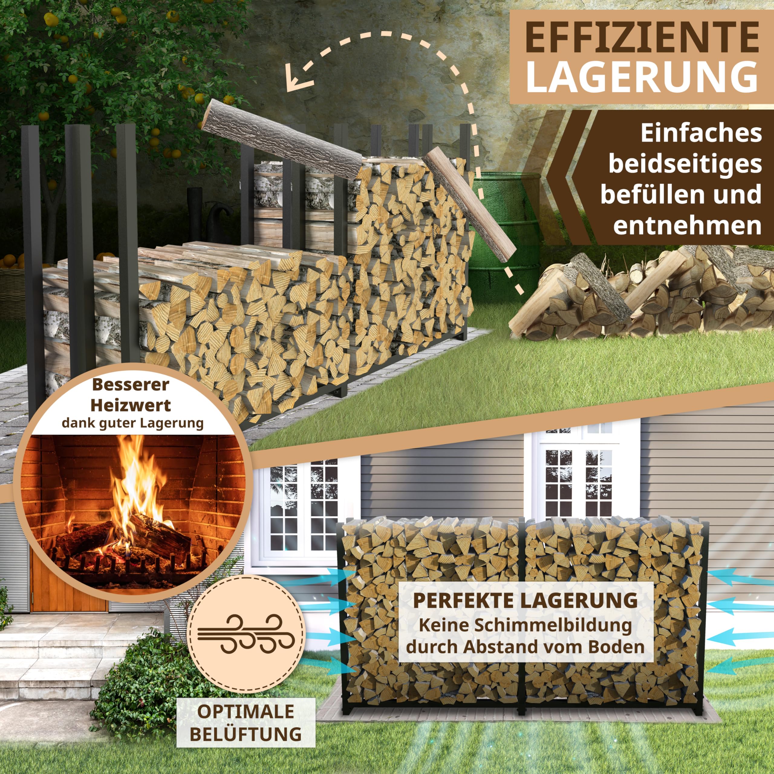 Kaminholzregal aussen Metall 2 Stück 223 × 115 x 25cm I = 50cm tief I verzinkt mit 1x 61cm Abdeckplane – Kaminholz Regal Holzunterstand draußen Stapelhilfe für Brennholz Garten I Terrasse schwarz | 223 × 115 × 25 cm, Schutzhülle 61 cm, wetterfest, Aufbewa