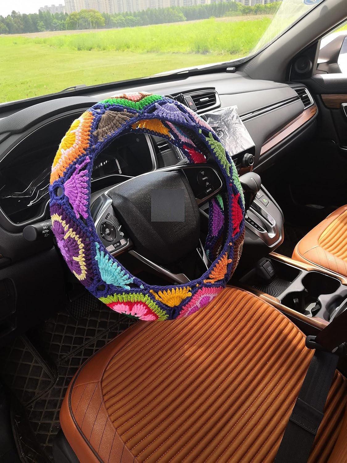 YDMZZB Crochet Steering Wheel Cover, Sunflower Design, 14.5 inches, Cotton & Yarn, Universal Fit