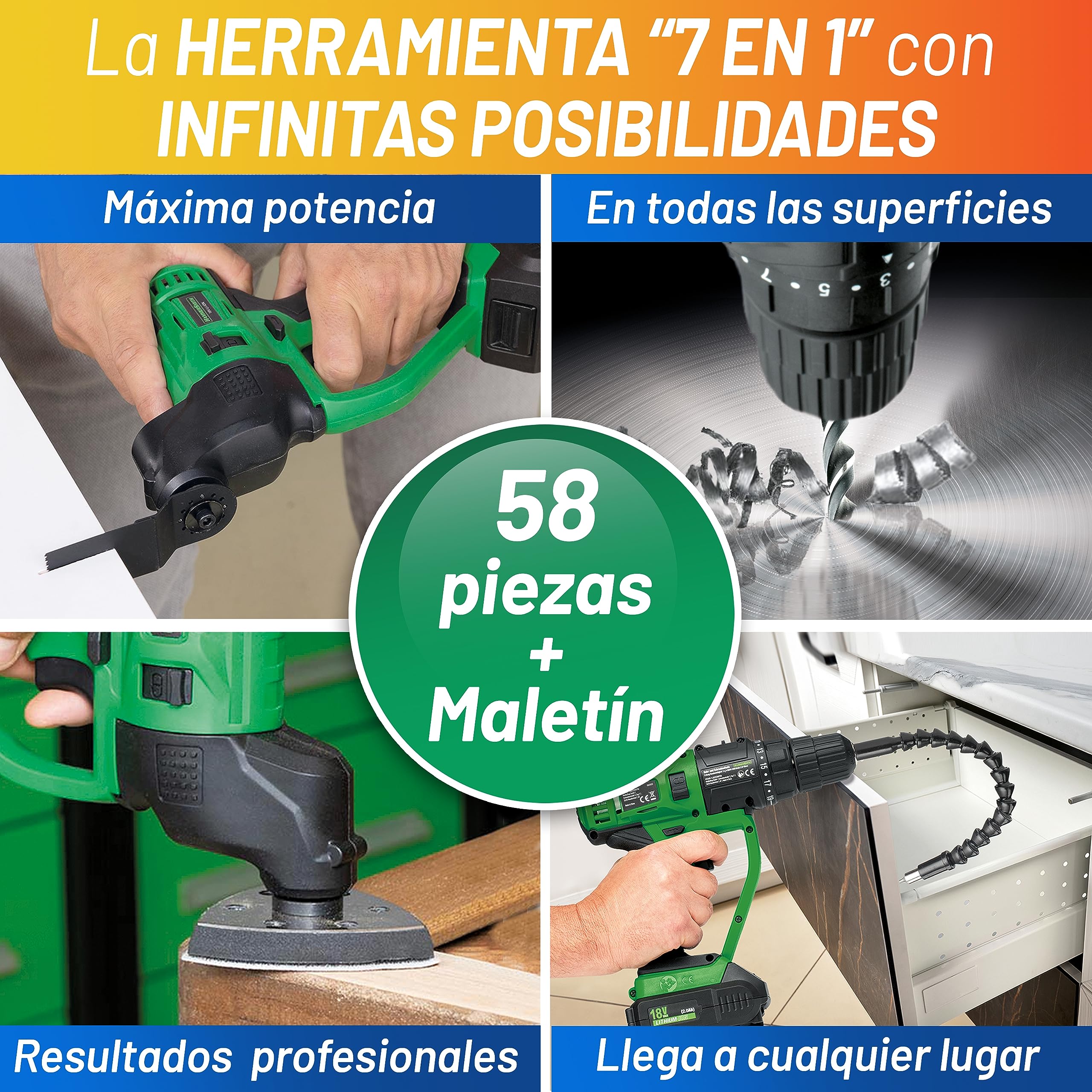HERRAMIENTA "7 EN 1" MULTITOOL Galería del Coleccionista 58 piezas y Maletín-Organizador Cabezales intercambiables Sin cable Máxima autonomía Prestaciones profesionales Fácil de usar