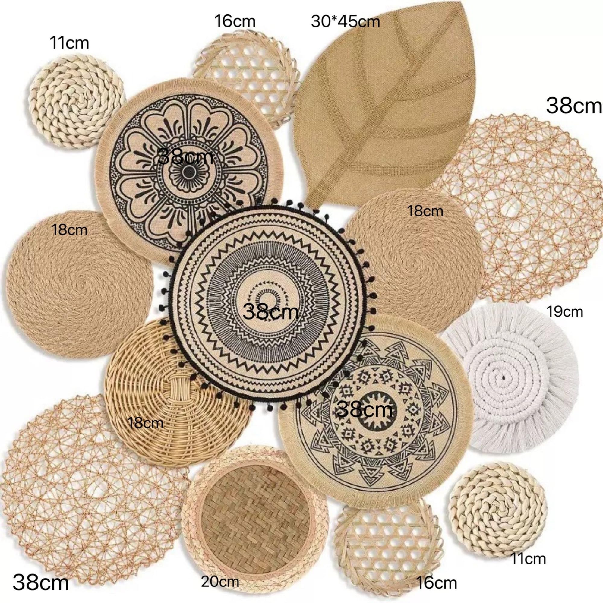 Xiyocadt Boho Wandkorb Dekoration, Hängende Rattan Geflechtkörbe, Rustikale Wandkunst Dekoration für Wohnzimmer, Schlafzimmer, Esszimmer (15A teiliges)