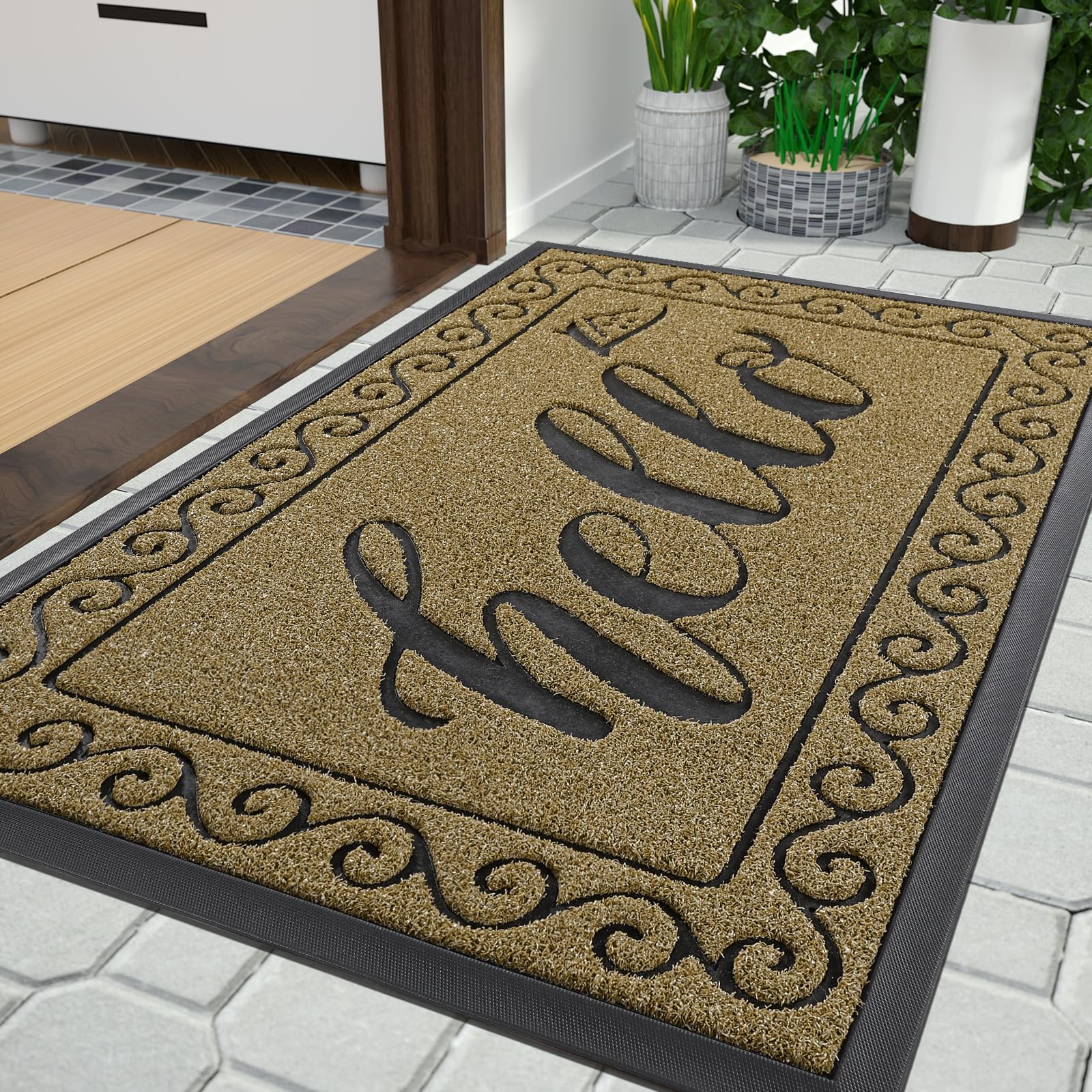 Yimobra Welcome Mats for Front Door 36x24, Heavy Duty Waterproof Outdoor Door Mat Outside Entrance, Non-Slip Low Profile Indoor Entryway Mat for Garage Patio, Beige Brown