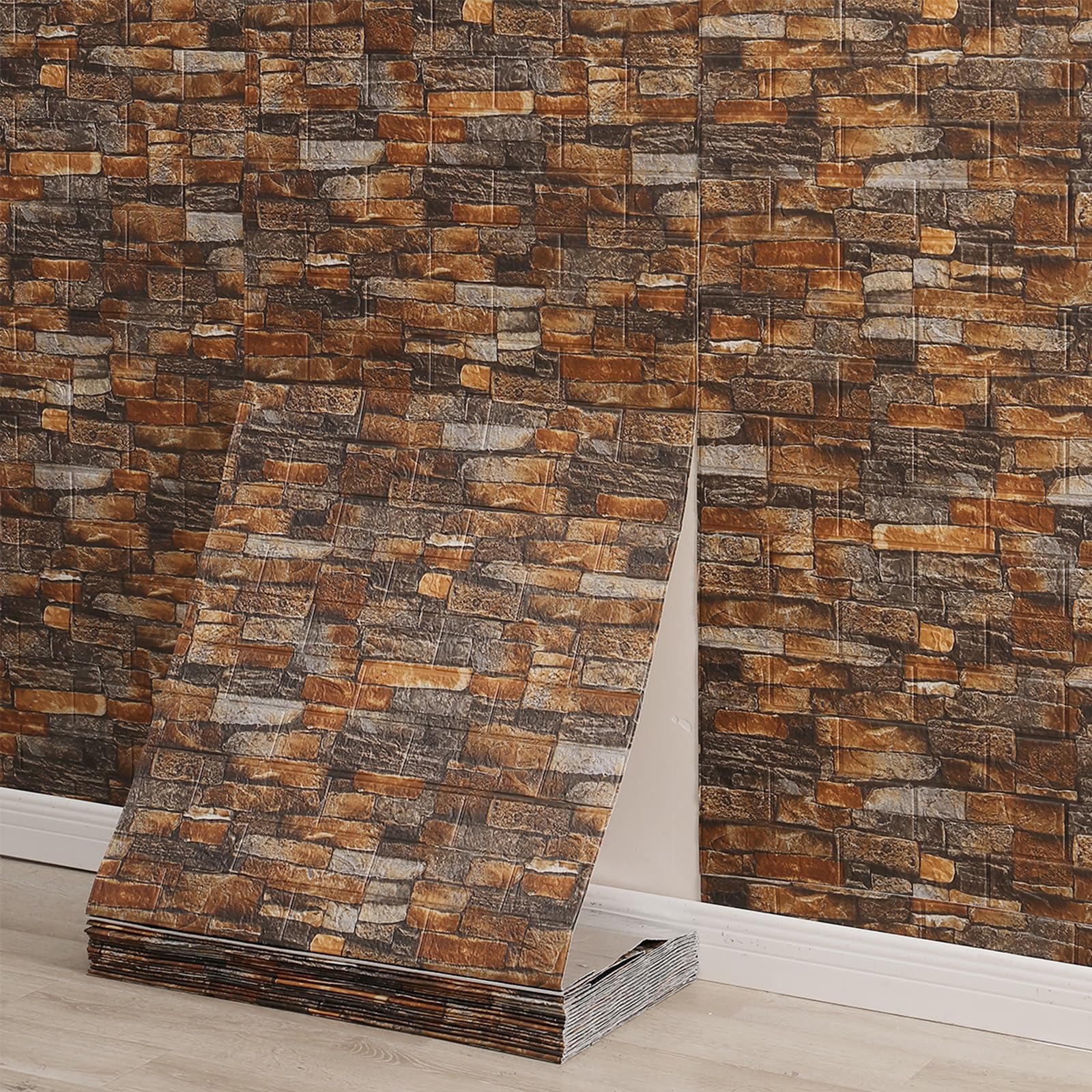 Panneaux muraux autocollants 3D, 10M Papier Peint Aspect Brique Pierre Plié en Continu, Carreaux Muraux Étanches à Décoller et Coller pour Chambre Salle de Bain Cuisine (Rouge Brique)