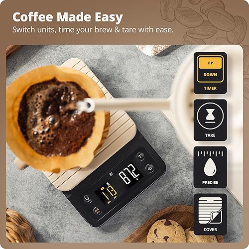 Miniatura 9 de Greater Goods Báscula de café digital precisa para máquina de vertido, con temporizador para gran prensa francesa y uso general de cocina, diseñada