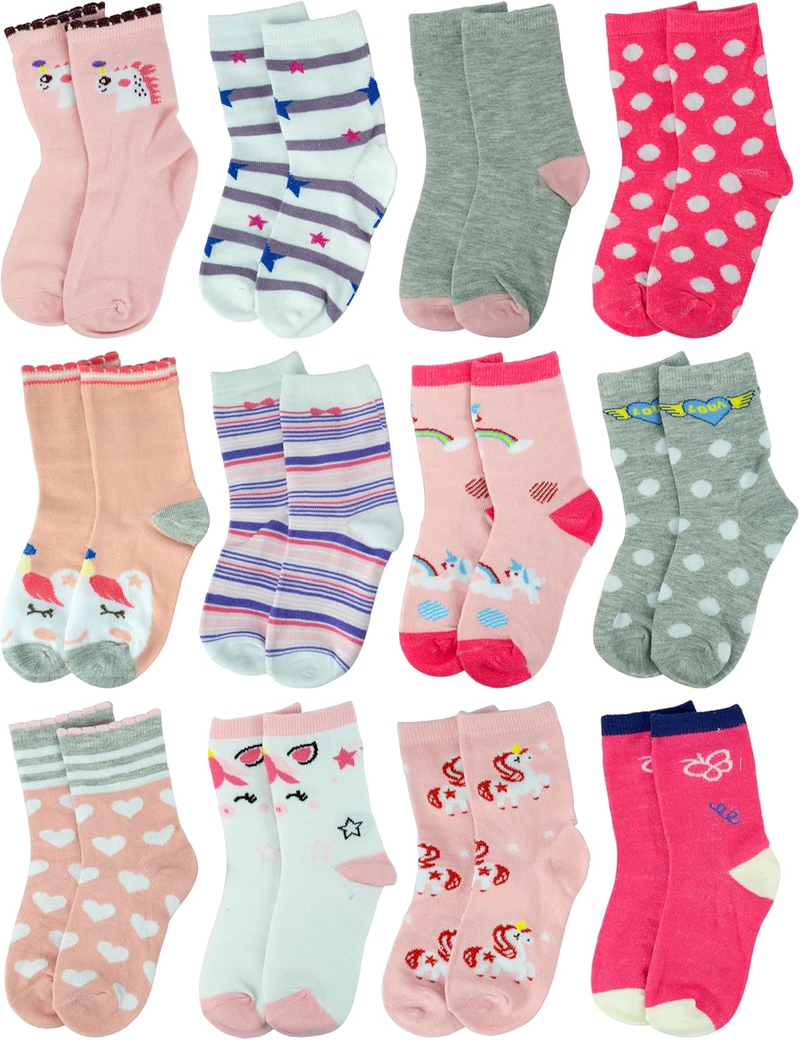Gelante 12-Pack Girl Children Toddler Kids Cute Cotton Crew Novelty Socks