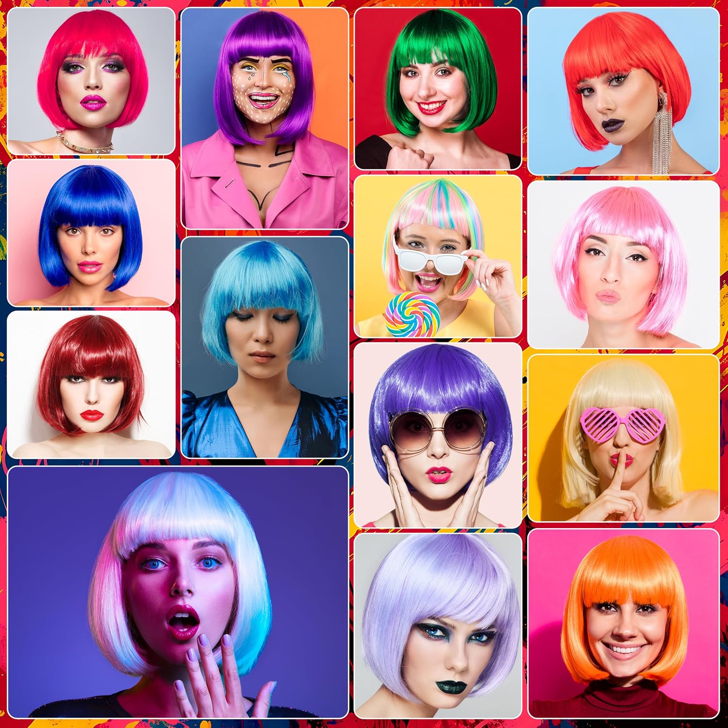 Sky Blue Short Bob Straight Hair Wigs with Bangs, 11inch Synthetic Fiber Colorful Hair, Neon Heart-shaped Sunglasses and Wig Cap for Women, 80s 90s Costume, Halloween, Dress Up