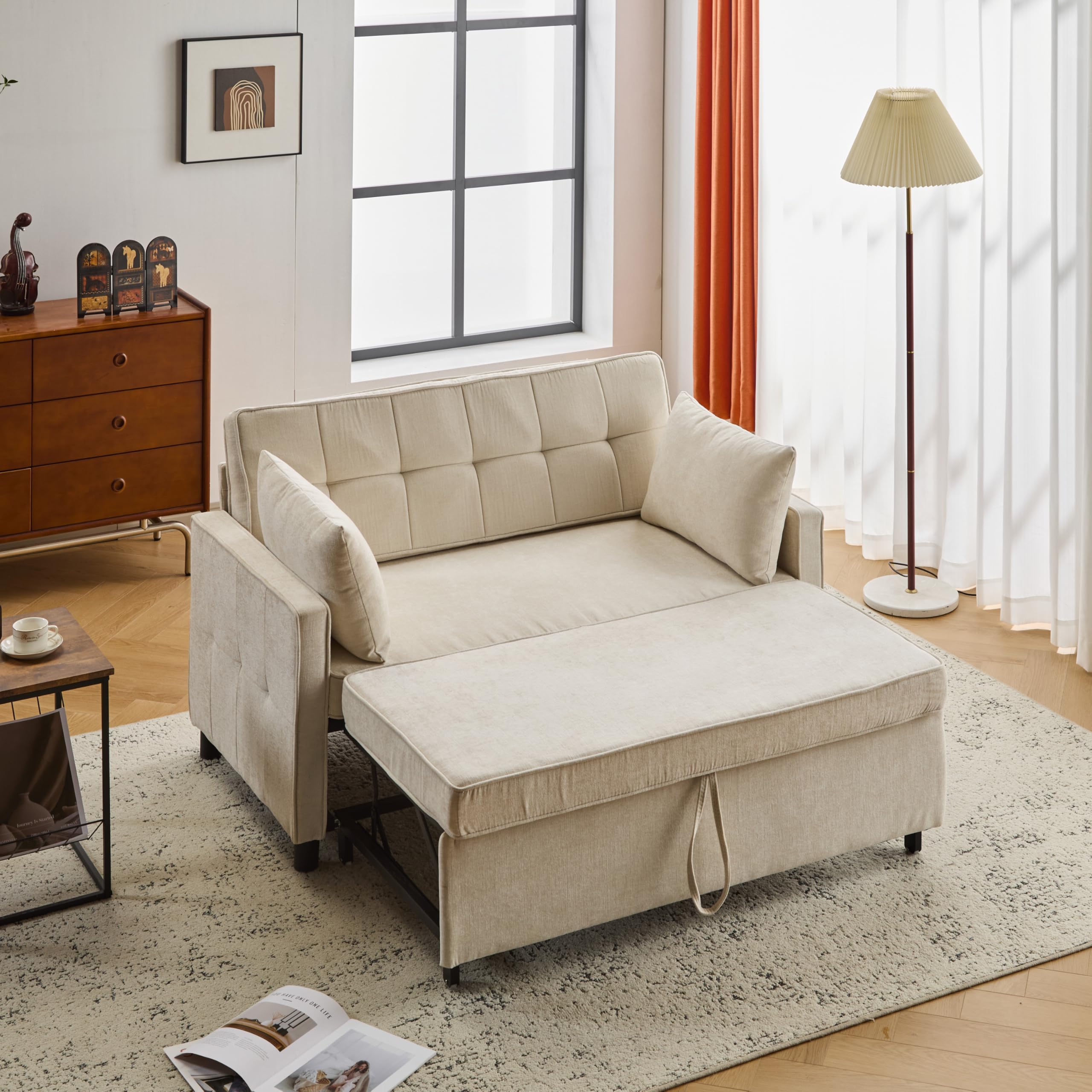 Divano a due posti, divano letto matrimoniale, schienale regolabile, tessuto di ciniglia, schiuma ad alta densità, divano da salotto (Beige)