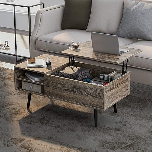 HOMREST 39.4 Inch Wooden Lift Top Coffee Table with Storage Shelf and Hidden Compartment, Rising Computer Table Coffee Tabletop for Reception Room and Living Room, Grey