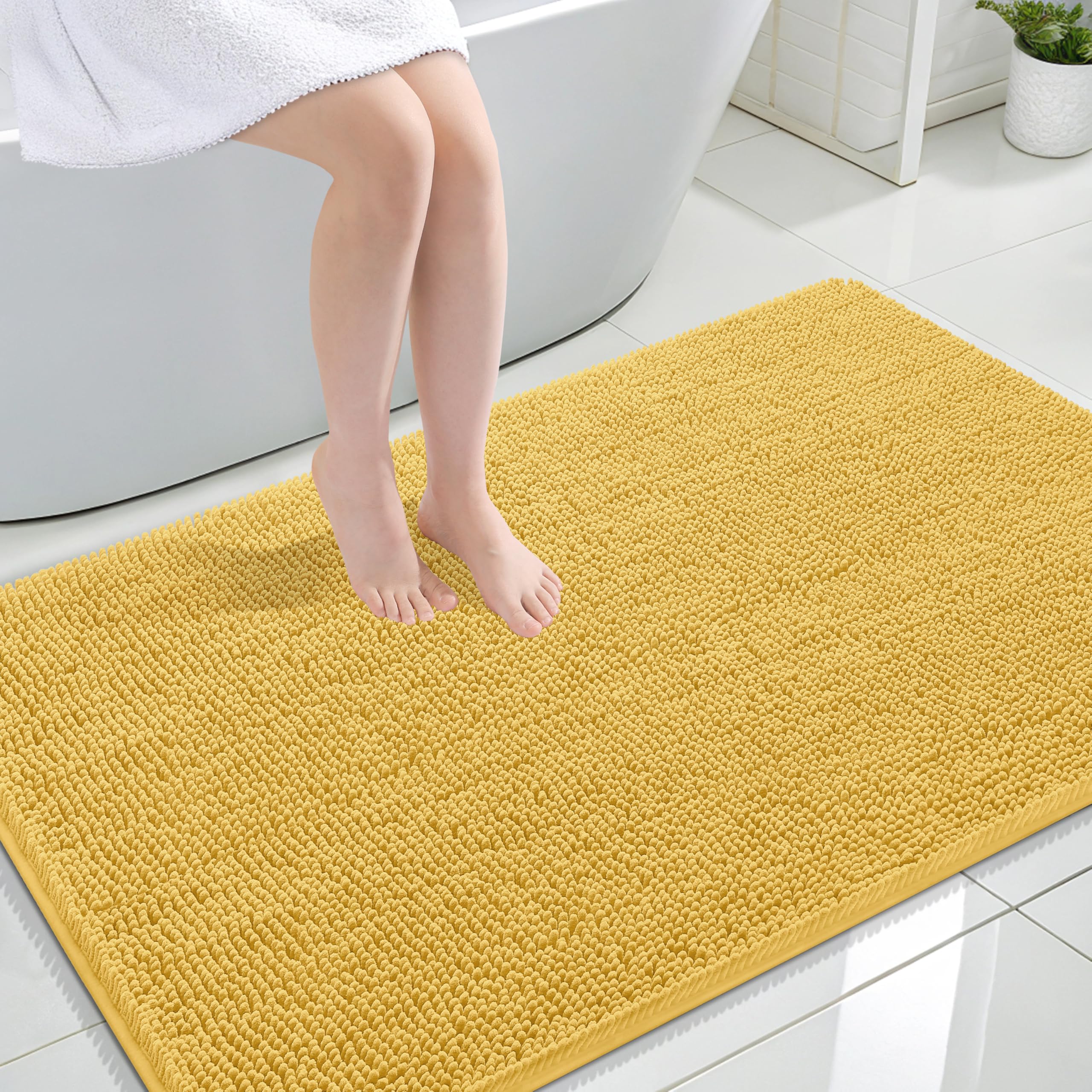 OLANLY Large Bathroom Rugs 44x32, Extra Soft Absorbent Chenille Bath Rugs | Yellow, Quick-Drying Rubber Backing, Machine Washable Bath Mat for Bathroom Floor, Tub and Shower, Home Decor Accessories