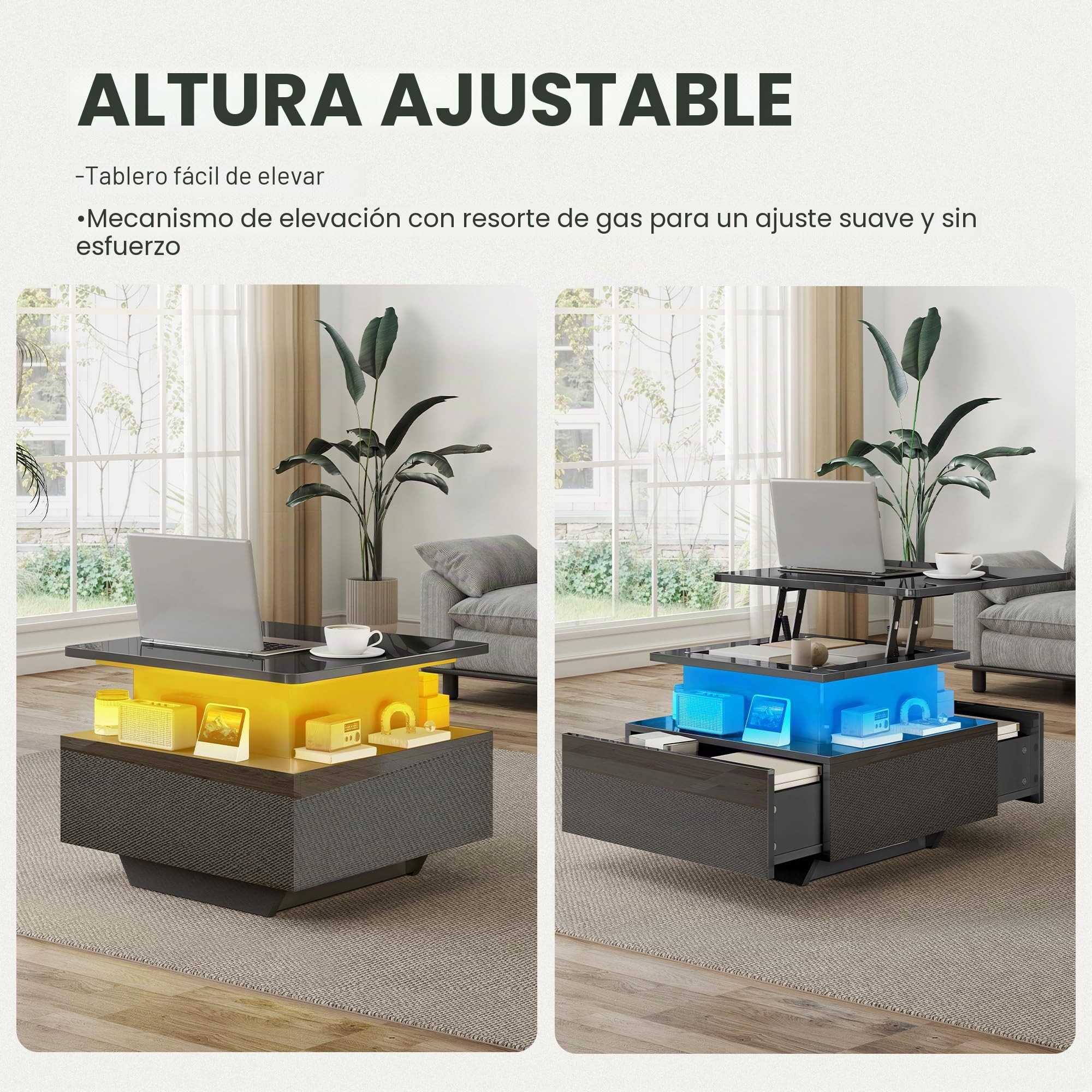 DWVO Mesa de Centro con LED, Altura Regulable, Lacado Negro Moderno, con Almacenaje y Cajones para Salón, 60x60x45-58 cm