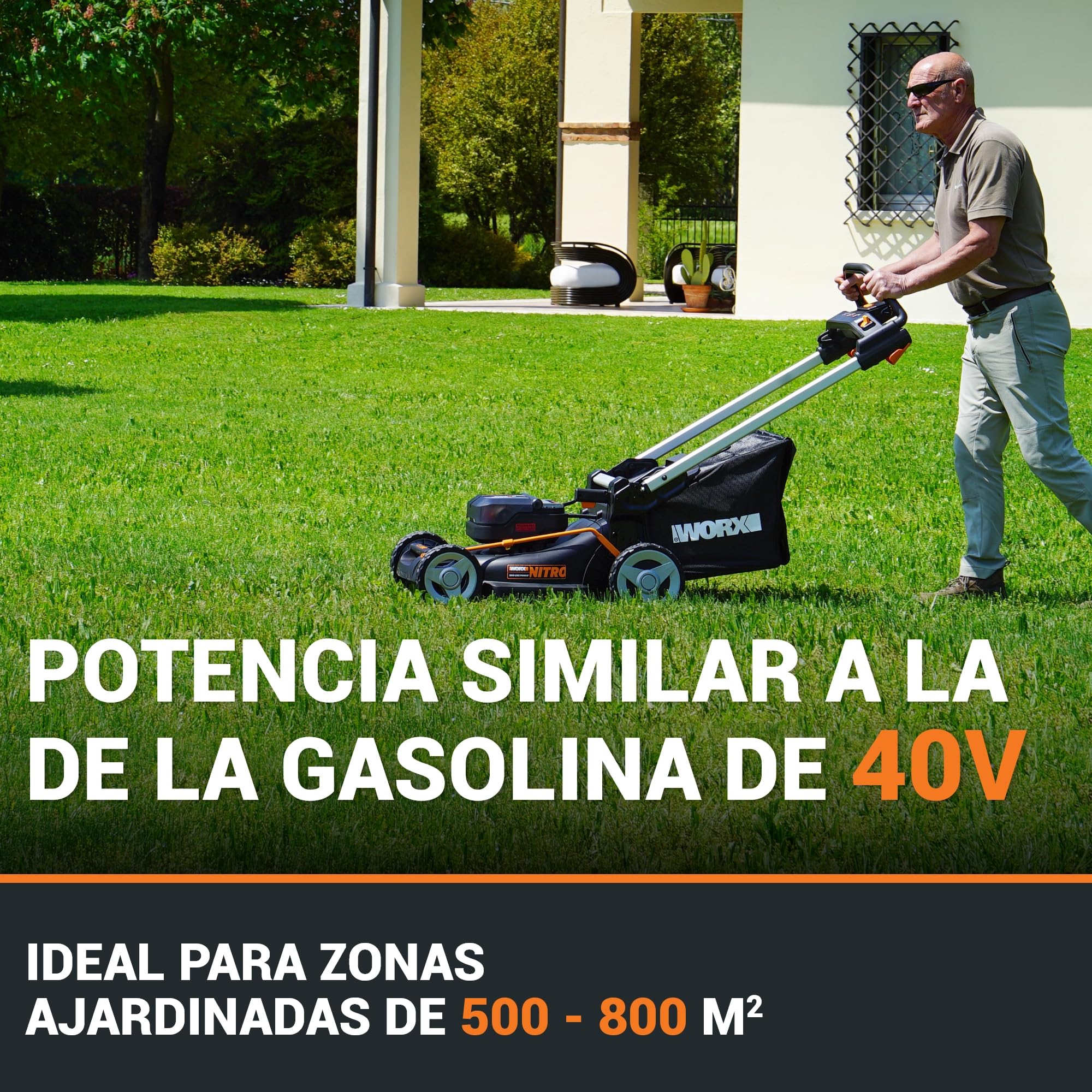 WORX - Cortacésped sin escobillas inalámbrico 20V-2*20V -4Ah - WG748E - Ø46cm - Hasta 500m² con una carga (Corta hasta los bordes, entregado con 2 baterías, un cargador, bolsa de 55 L, mulching)