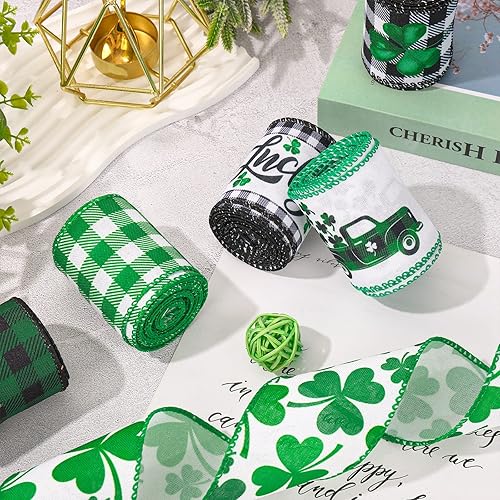 Miniatura 4 de AnyDesign 6 rollos de cinta de borde con alambre del día de San Patricio de 25 pulgadas verde negro blanco búfalo cinta de tela para envolver