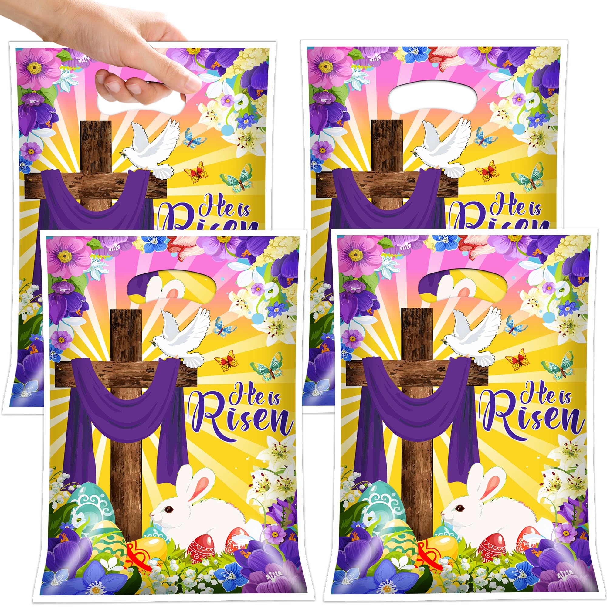 BCCSNNM 100 Pcs Plastic Treat Bags with Handles He Is Risen Easter Goodie Bags for Egg Hunt Party Supplies Religious Gifts and Candy Gift Wrapping