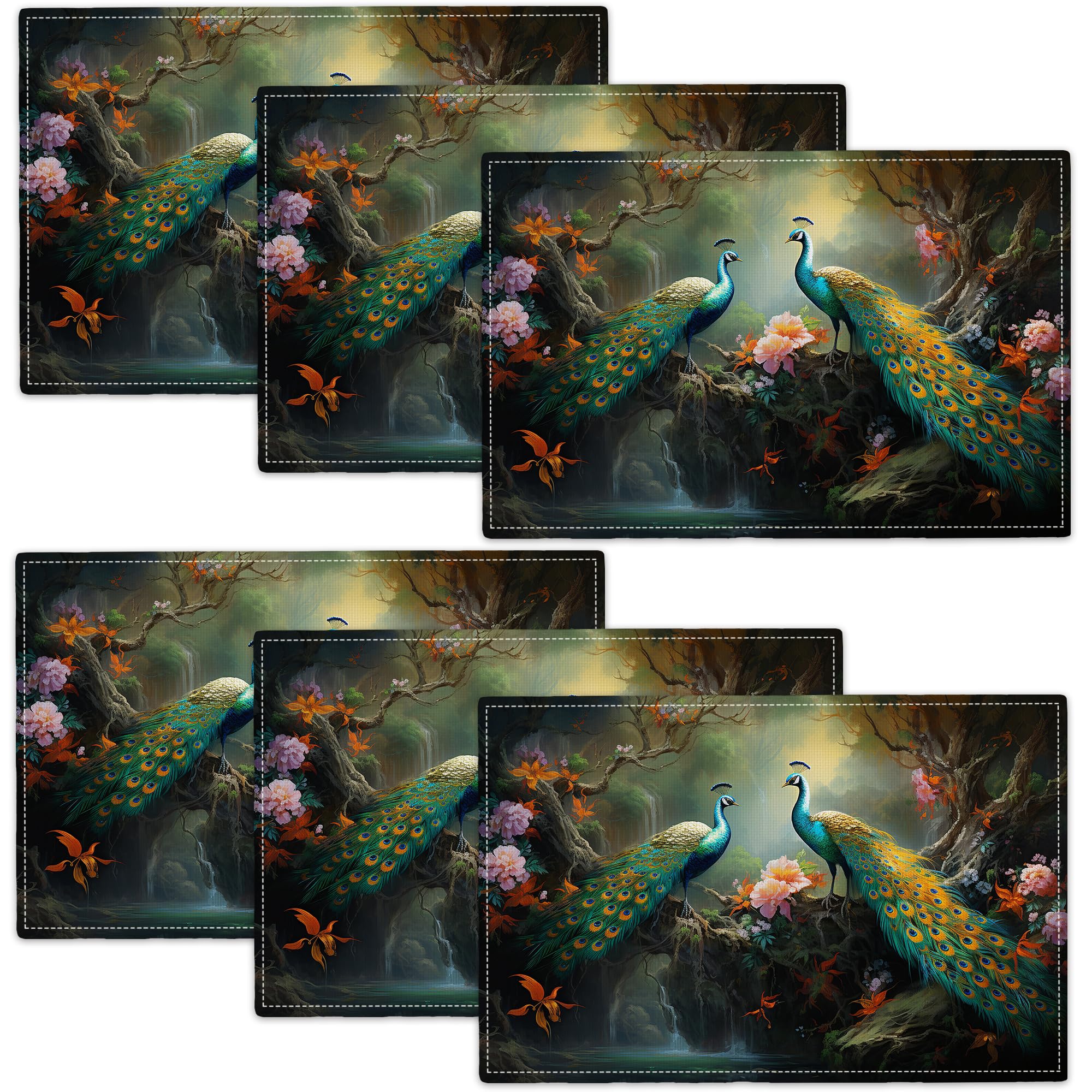 Beautiful Peacock Placemats Set of 6 Flower Peacocks Table Mats Washable Place mats for Party Kitchen Dining Decoration 12x18 Inch