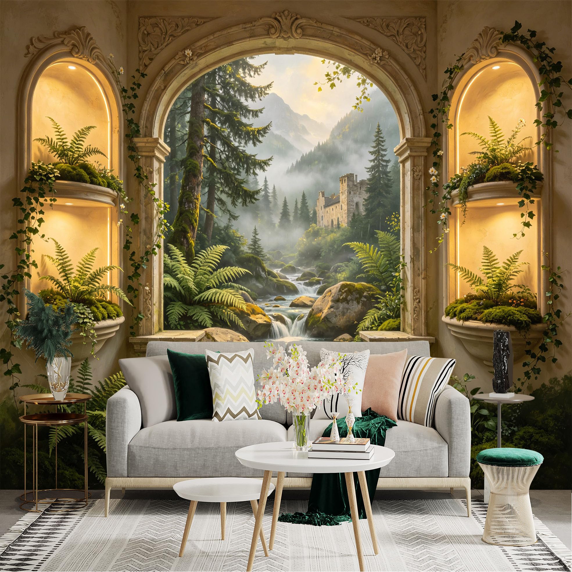 Lnzczhyre Dbh260521112 Custom Size Wall Sticker Mural， Scenic Stone Arch Window With Misty Forest， Waterfall And Old Castle View， For Wall Decoration， Peelandstick Wall Decals.