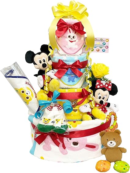 Amazon おむつケーキ ミキハウス ディズニー 4段おむつケーキ くま 男の子 おむつサイズs おむつケーキ ベビー マタニティ 通販