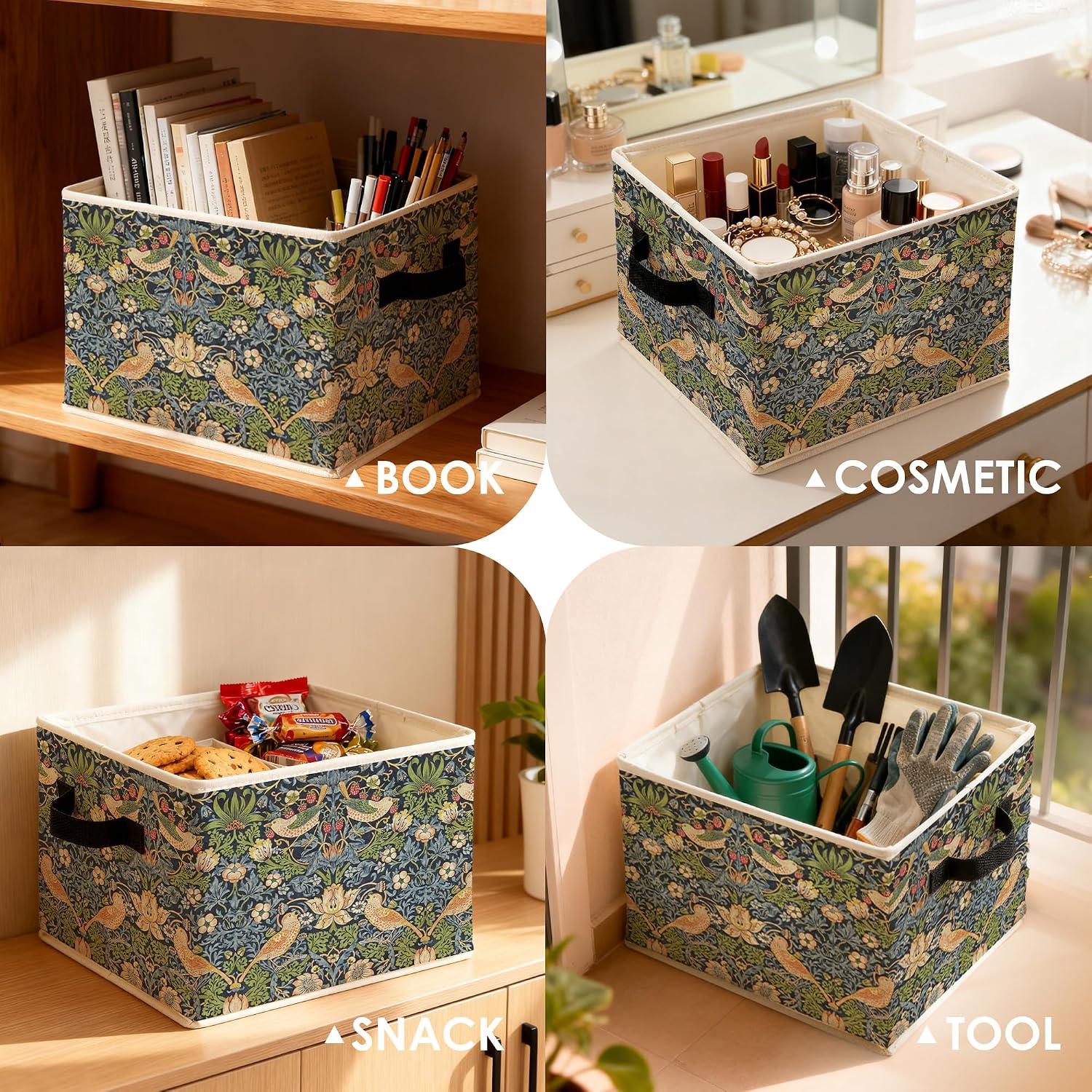 Art Nouveau Deco Floral Storage Bins Box, Toybox for Girls, Vintage Bird Strawberry Flower Foldable Baskets Organizer with Handles for Bedroom Bathroom Home Clothes Toys Books image 2