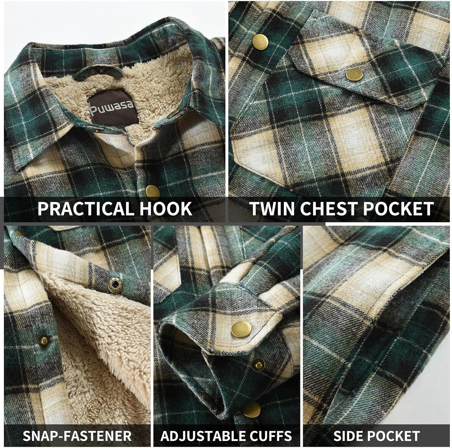 Men's Sherpa Lined Cotton Flannel Shirt Jacket Plaid Button Up Jacket Coat for Men with Pocket - Image 6