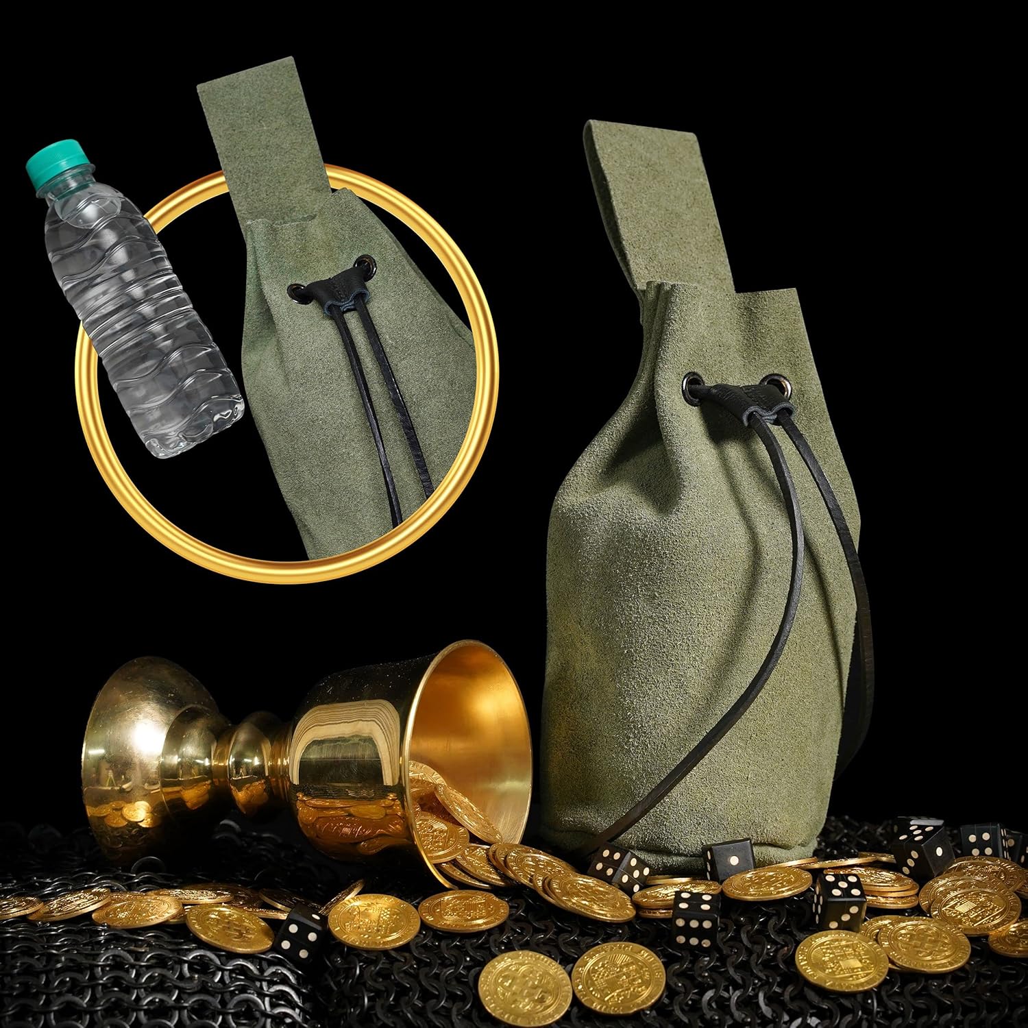 Mythrojan Drawstring Belt Bag Renaissance Costume Accessories Medieval Suede Leather Purse Viking Coin Jewelry Pouch Waist Bag for LARP, Festivals, Renfaire, Reenactments Green- 8" x 6.5" - Image 3