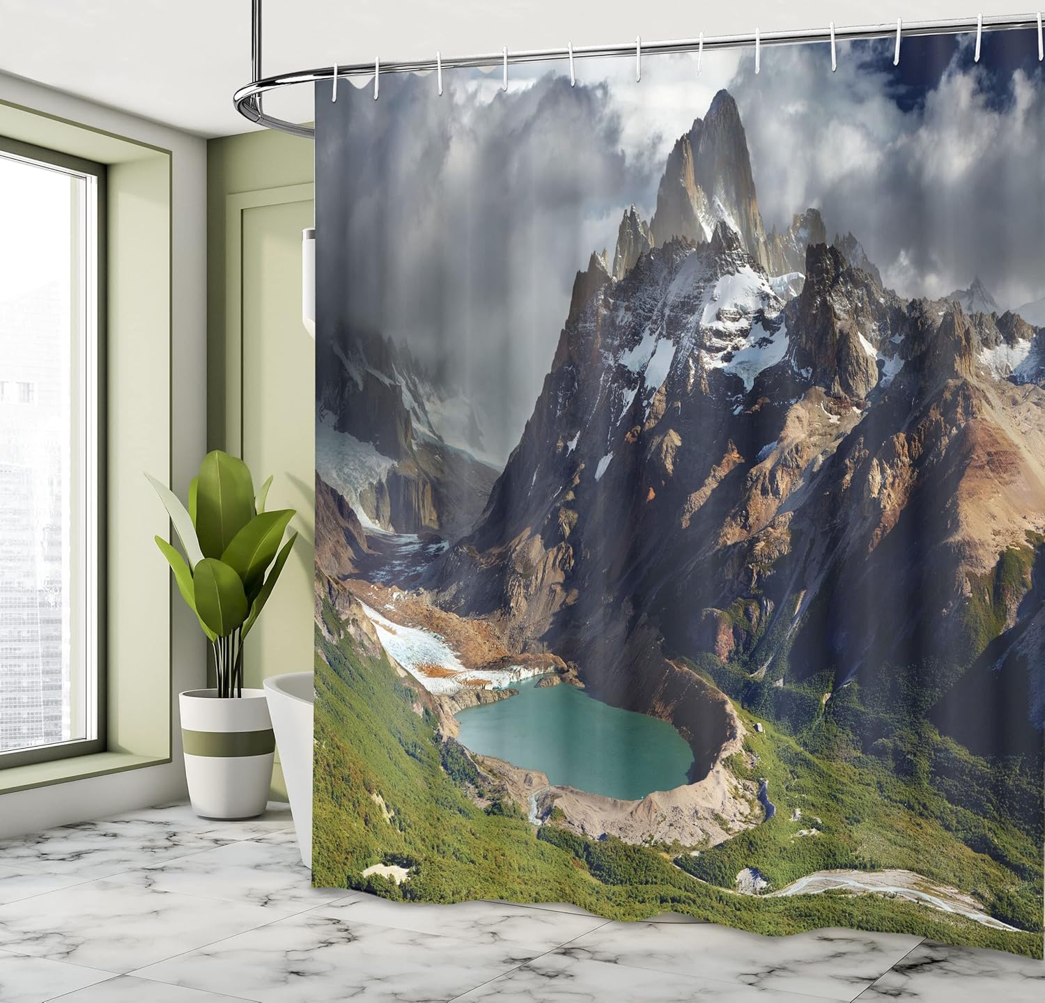 Ambesonne Landscape Shower Curtain, Mount Fitz Roy and Laguna Torre Los Glaciares National Park Patagonia Argentina, Cloth Fabric Bathroom Decor Set with Hooks, 69" W x 75" L, Taupe Green