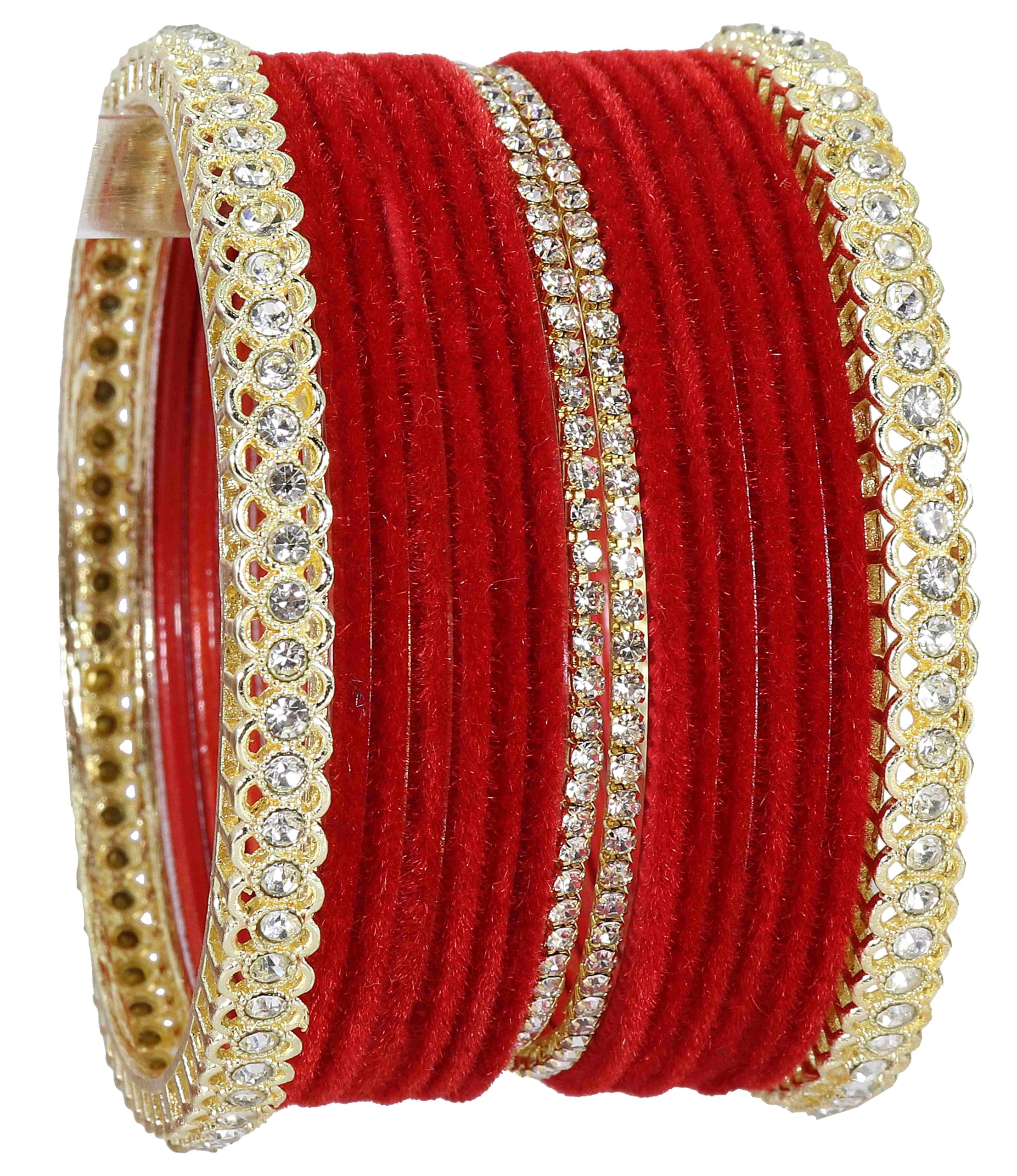 LAVAZZA Gold Plated Metal Velvet Bangles Short Chuda Set For Women & Girls with Zircon Gemstone | Red Bangles for Women | Women's Bangles Red | Golden Chuda | Set of 32 -(LV_FMS6-Red-2.4) 2