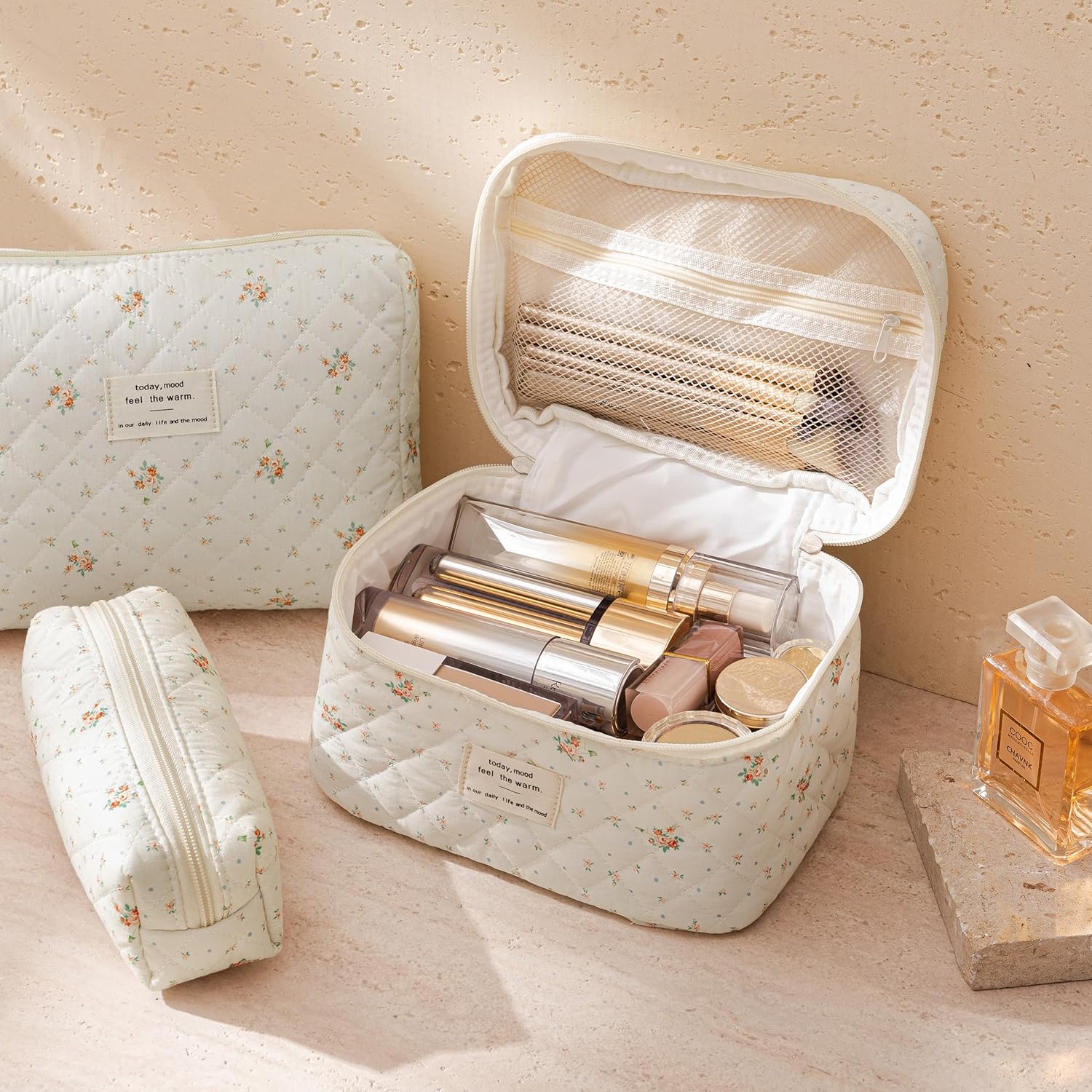 HBselect Quilted Makeup Bag, 3PCS Cotton Large Travel Makeup Bag, Cute Floral Coquette Make up Bag Cosmetic Bag Toiletry Bag for Women Girls - Image 3