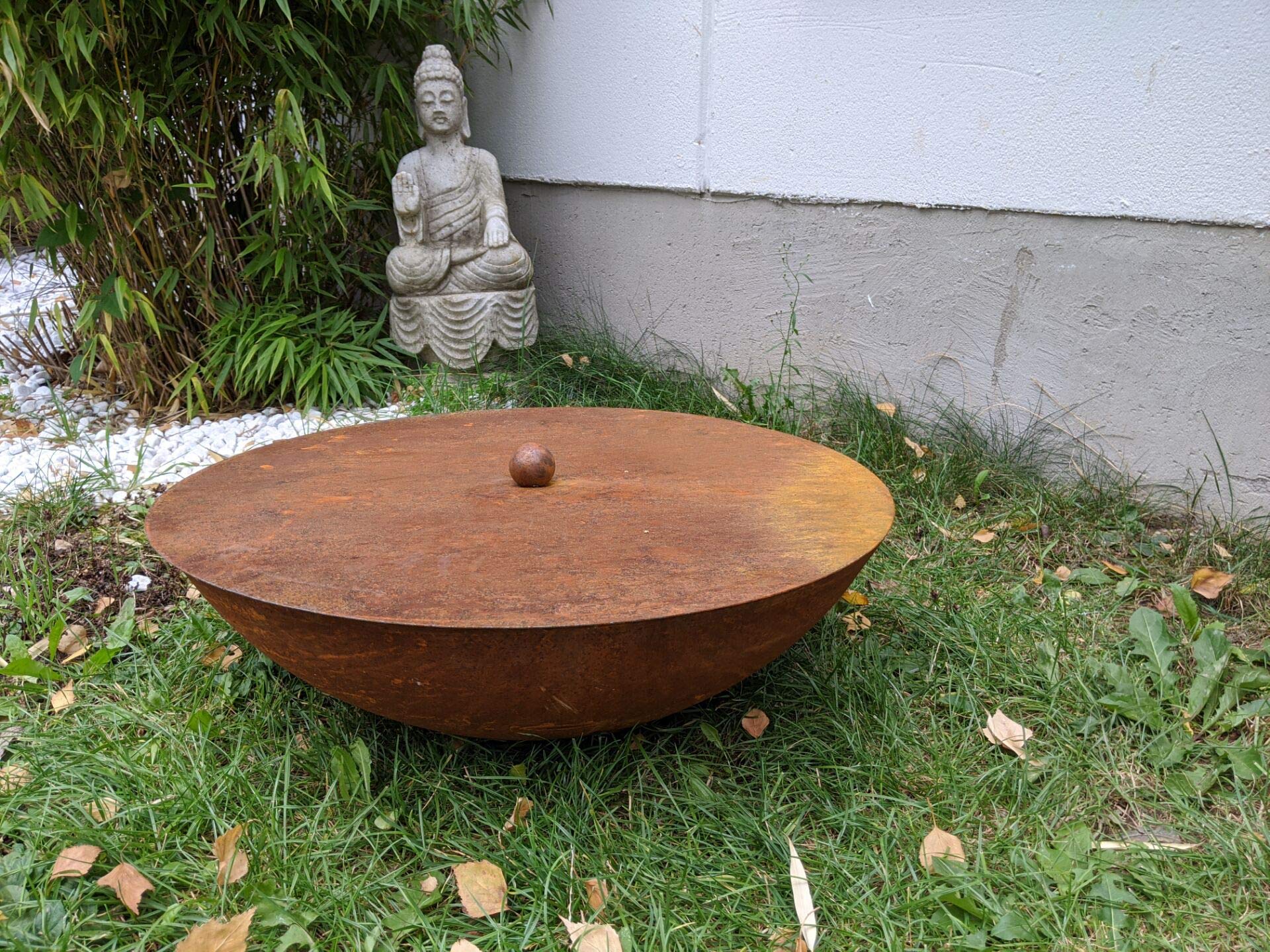 Zen Man Edelrost Garten Feuerschale mit Topfdeckel Rost Gartendeko (Feuerschale:d=60cm H16cm, 1.8mm)