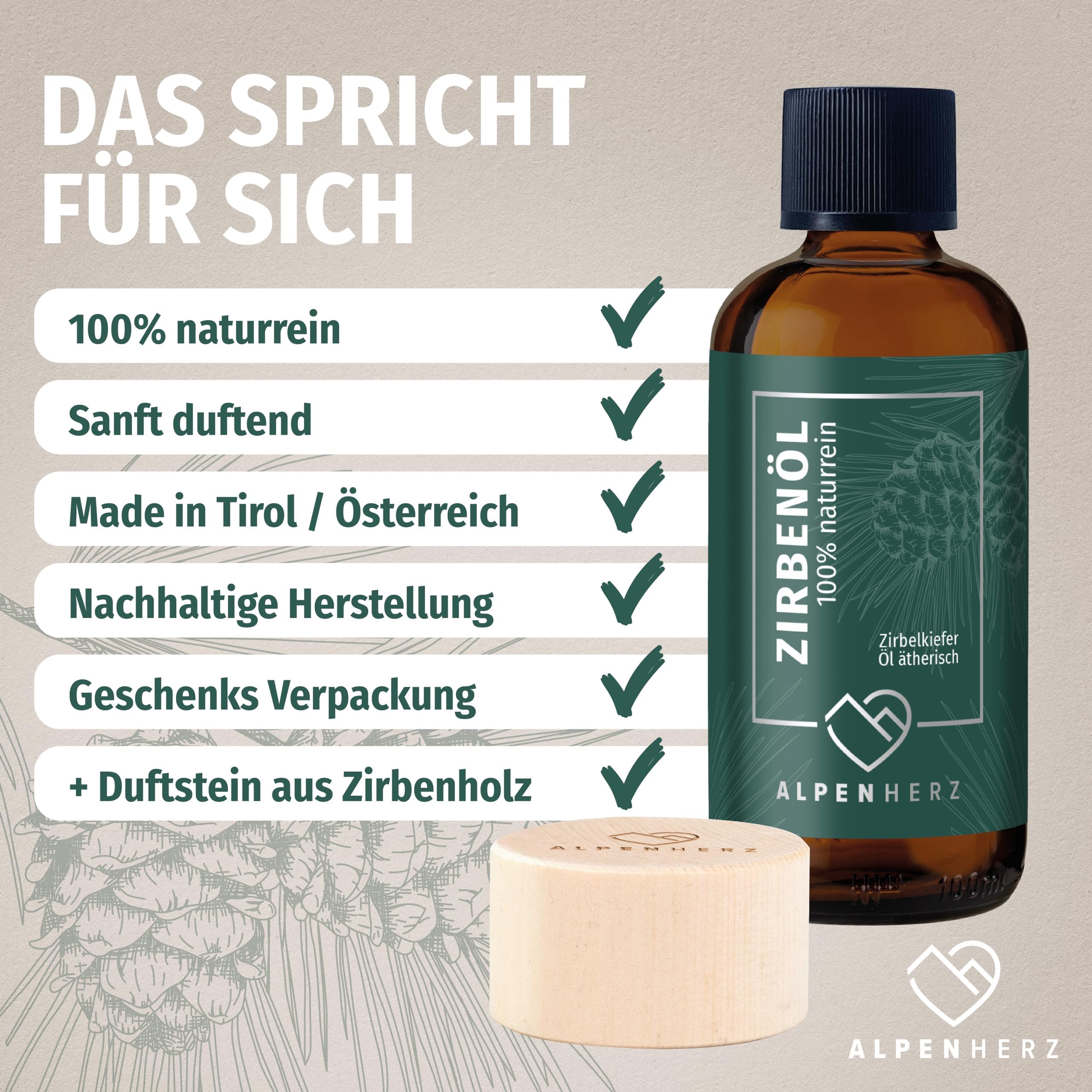 Alpenherz Zirbenöl 100 ml mit Duftstein aus Zirbenholz - 100% naturrein ätherisches Zirbelkieferöl aus Österreich Duftöl Raumduft Duftlampe Zirbenwürfel Diffuser Zirbe Zirbelkiefer Öl
