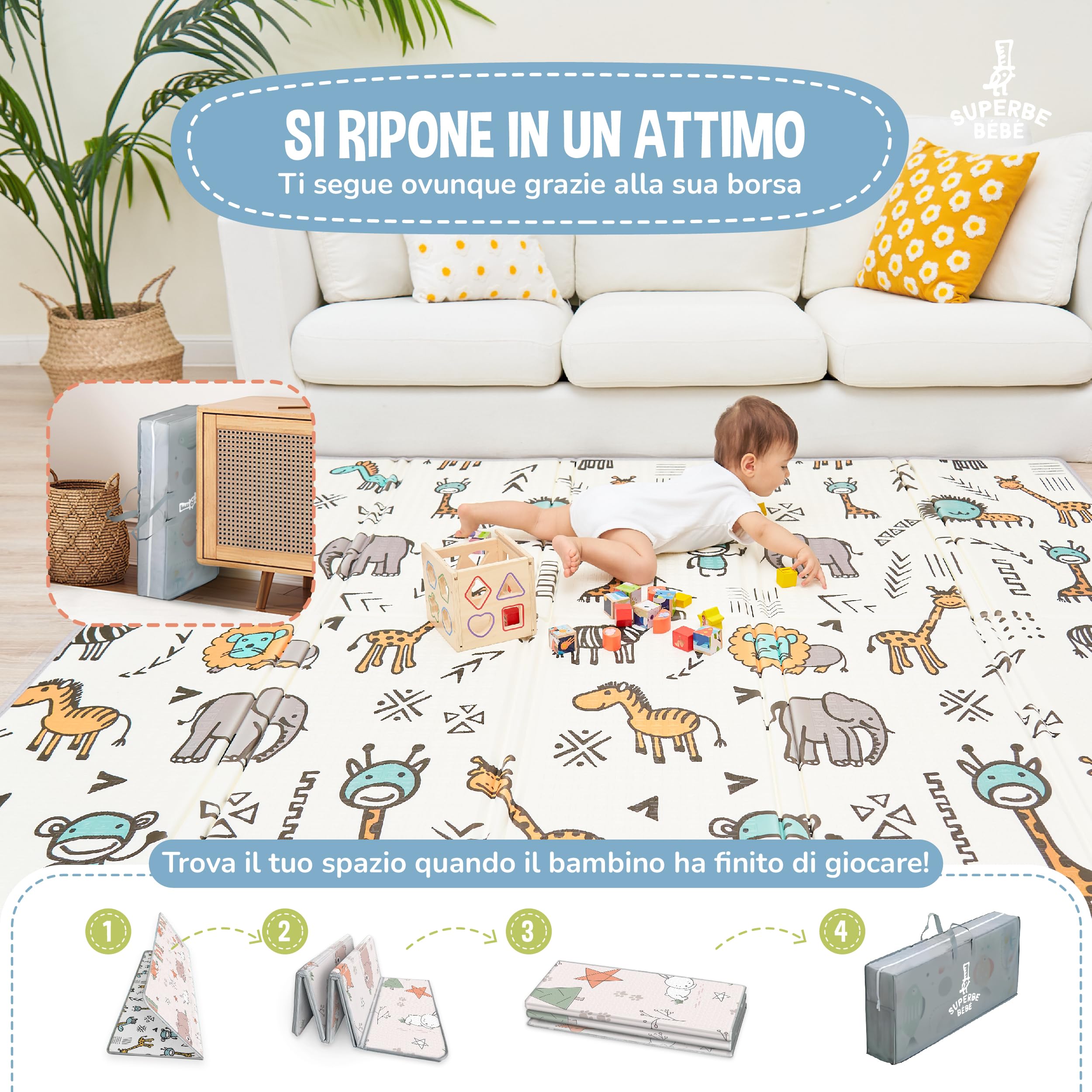 Tappeto Gioco Bambini Pieghevole 150x180x1cm Palestrina Neonato Montessori Reversibile Non Tossico E Impermeabile In Schiuma Per Bimbi. Palestra Neonati - Tappeto Tummy Time Neonati - Regalo Bambino