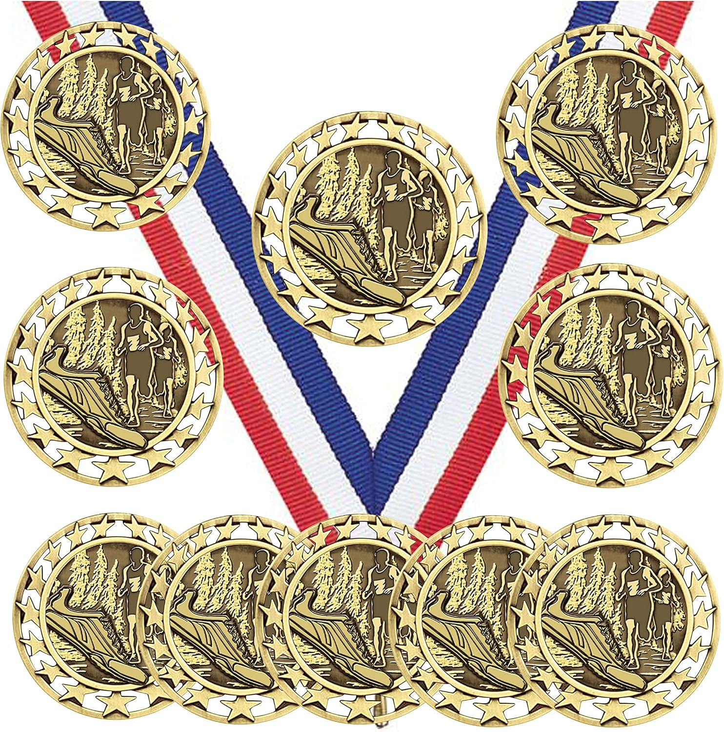 10 Pack of Cross Country Running Gold Medals Trophy Award with Neck Ribbons SM