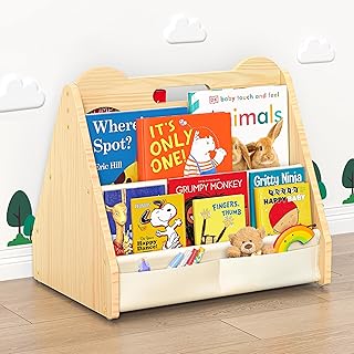 Solid Pine Wood Kids Bookshelf, Double-Sided Nursery Book Shelves, Porta...