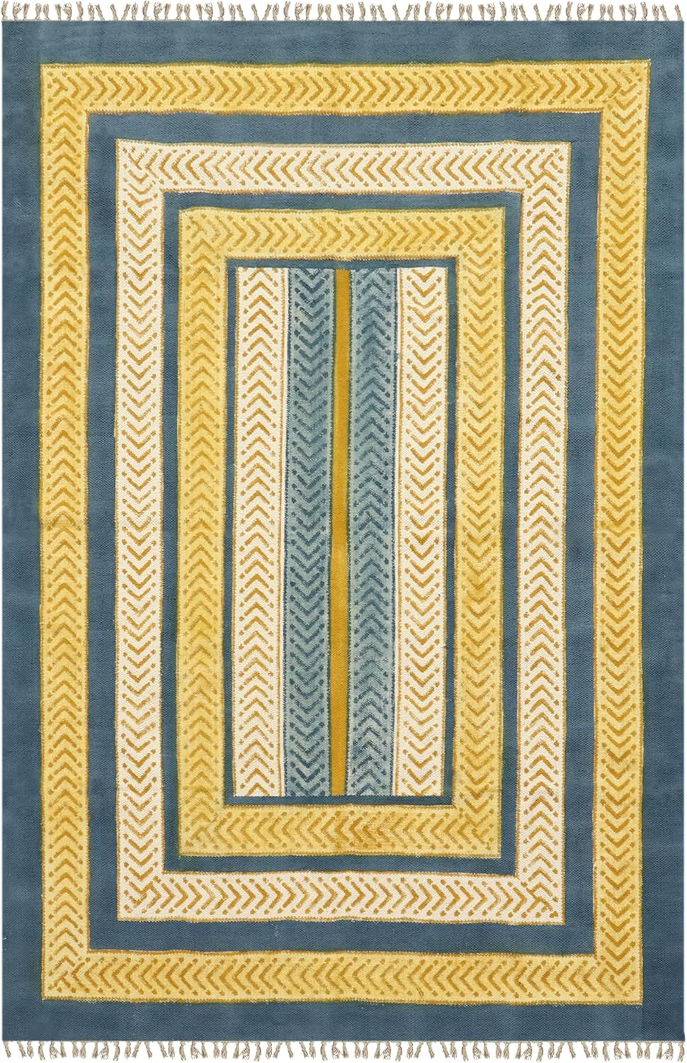 7' Square Rug Kilim Rug Yellow & Blue Cotton Dhurrie Indoor Outdoor Rug Flatweave Rug High Traffic Area Bedroom Bedside Custom Mat Dining Table Doormat