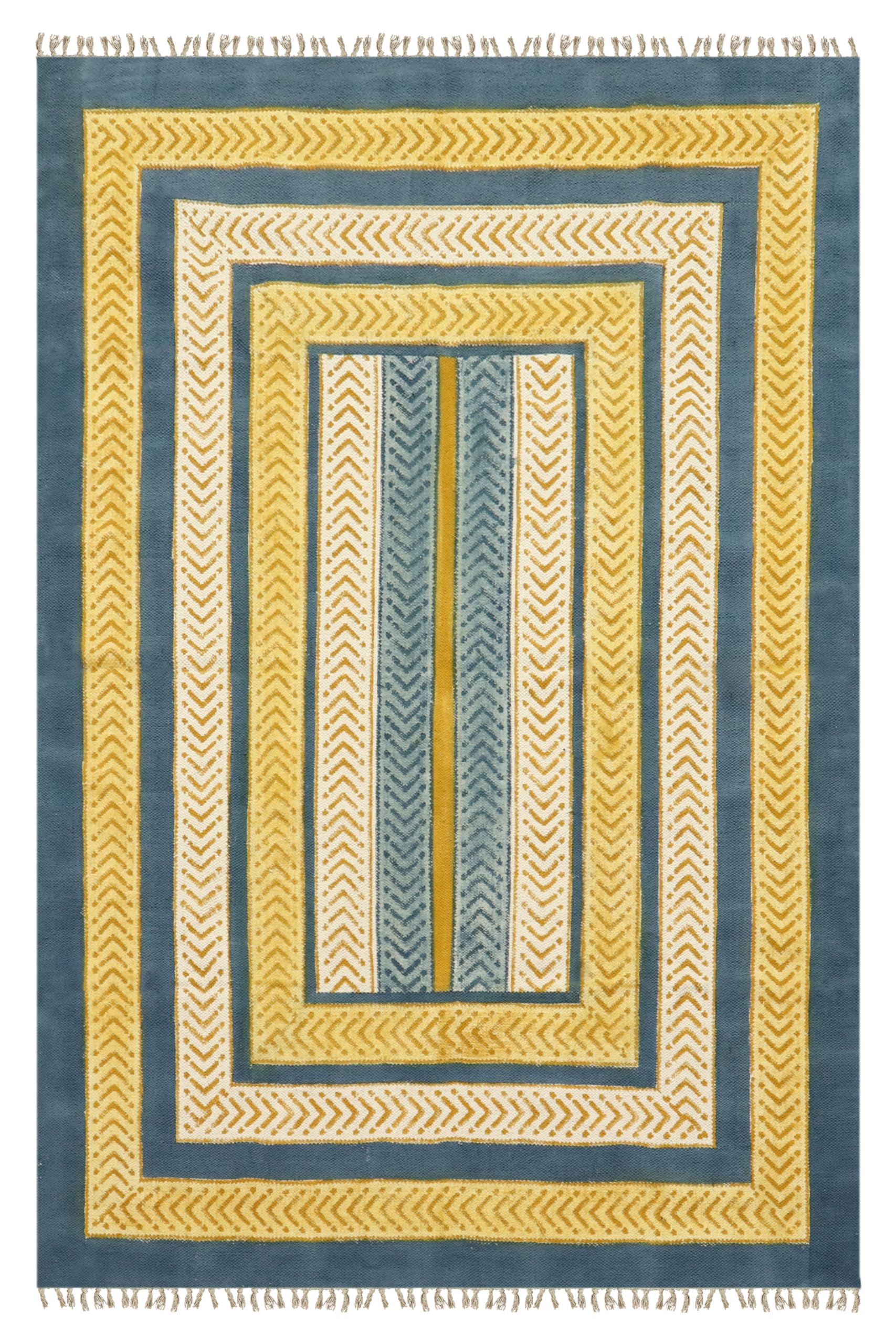 Tapis carré 1,5m coton jaune et bleu Dhurrie pour salon et chambre