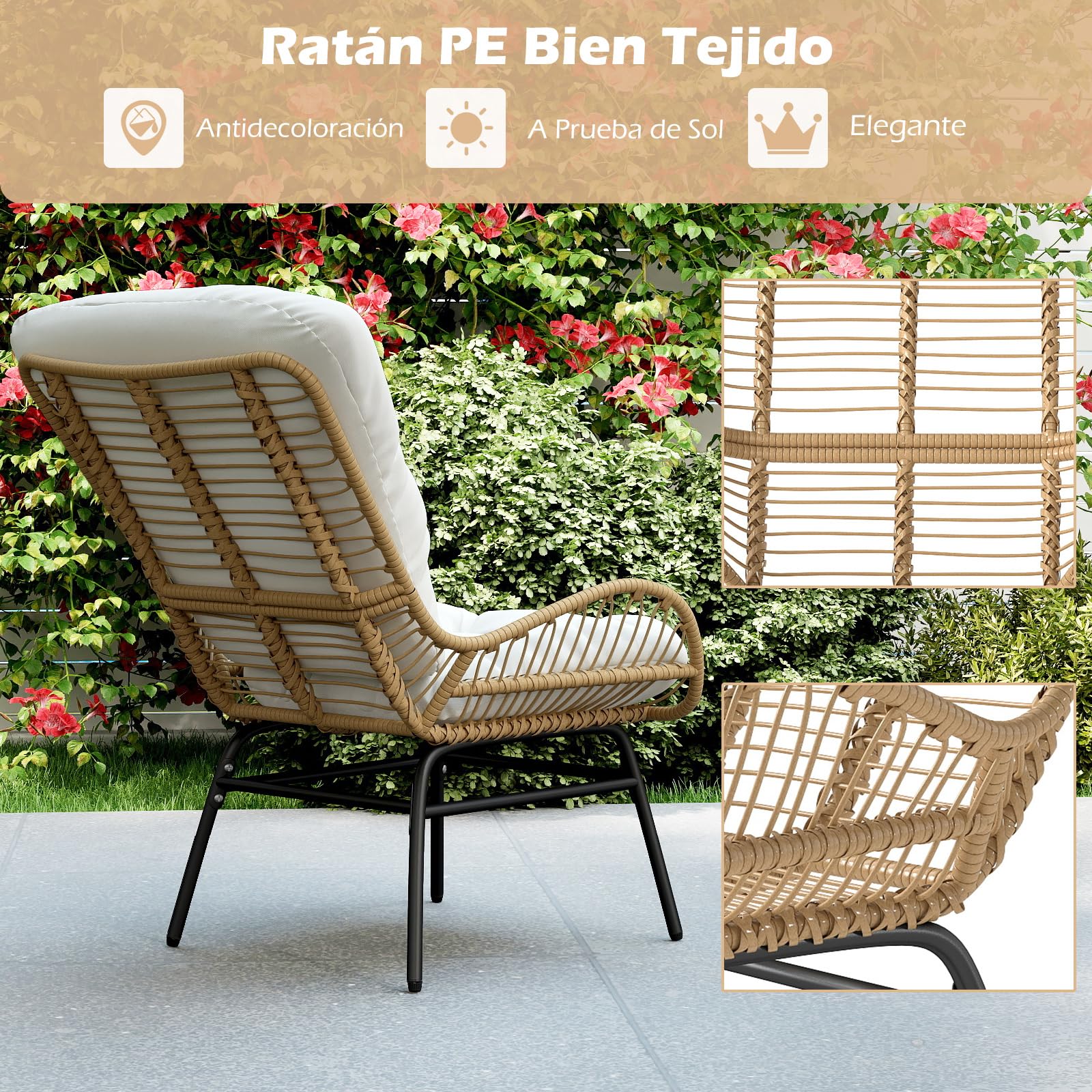 COSTWAY Sillon de Ratan con Cojin, Marco Metálico, Sillones para el Salón, Butaca Dormitorio Jardin Terraza Interior Exterior, 84 x 68 x 87 cm, Carga 180kg, Natural (1)