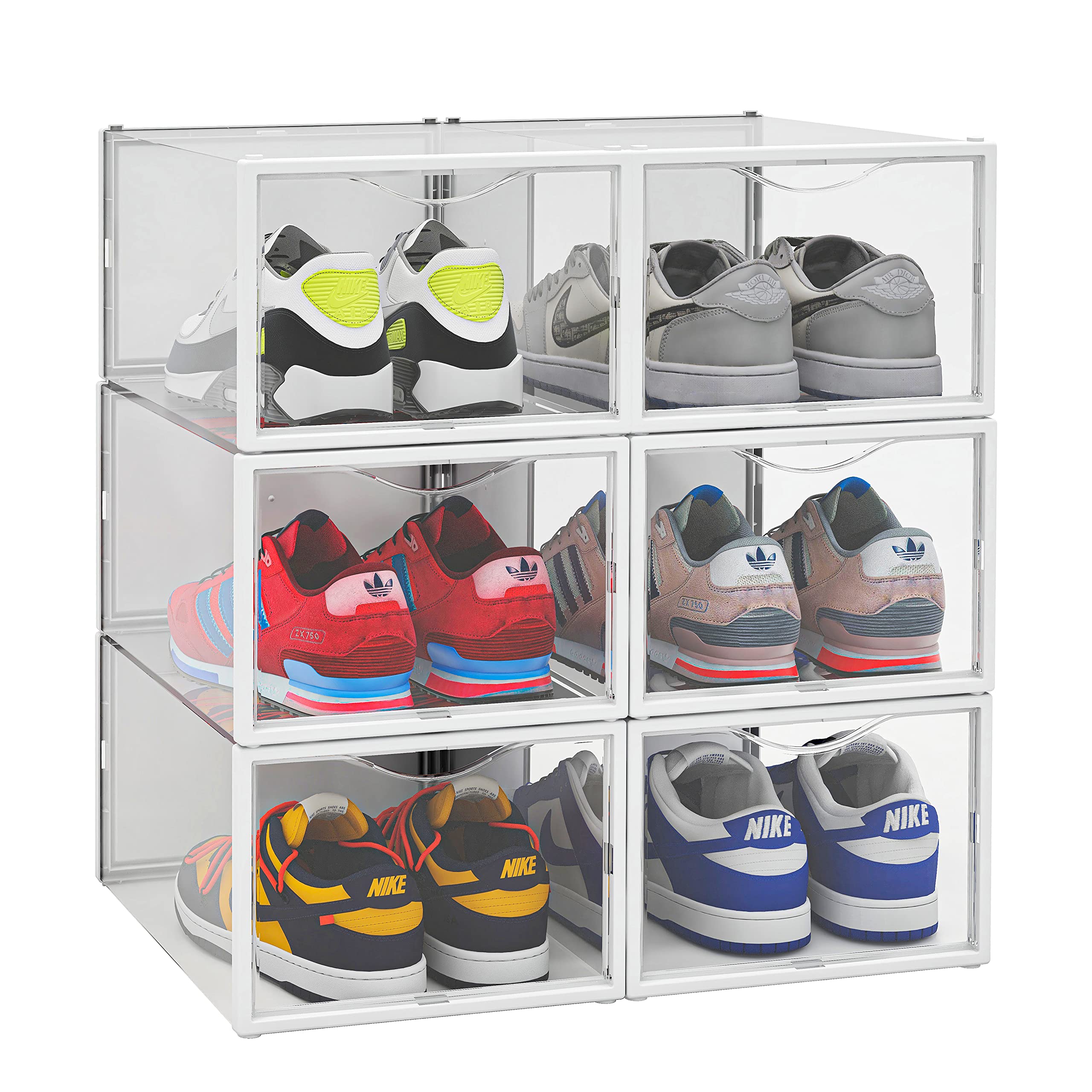 Primalite DROP FRONT CLIK Stackable Shoe Storage Box- 6 Pack, Clear Plastic Rectangular Foldable Rack Stand Container for Closet | HEELS, HIGH TOPS, SNEAKERS, SPORTS SHOES-upto UK: 11.5 | US: 12