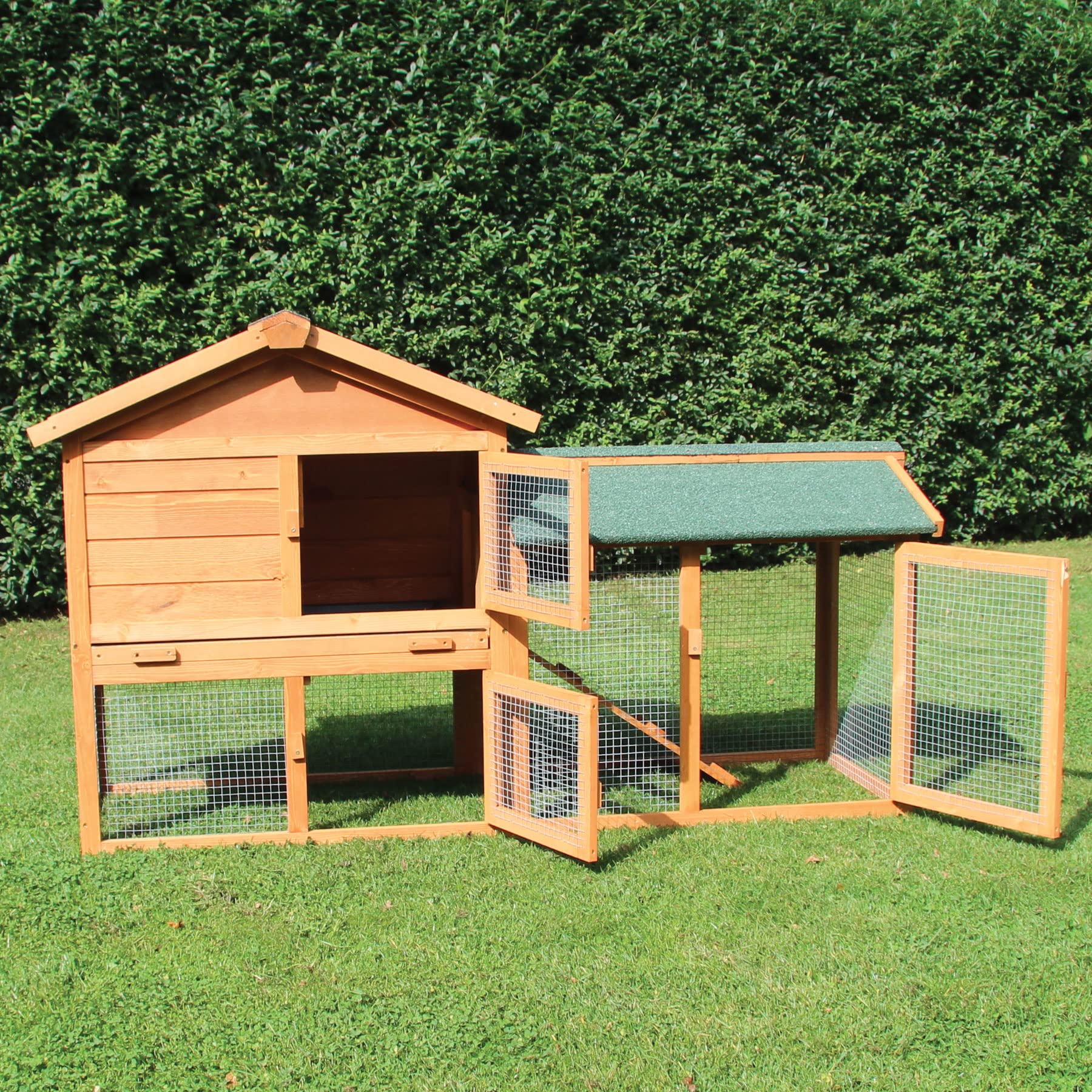 NYVI Hasenstall mit Auslauf - XXL Kleintierstall mit Gehege - Kunststoffschublade - Einfach zu Reinigen - Einfache Montage - Outdoor Kaninchenstall 146x86x52cm Naturbraun