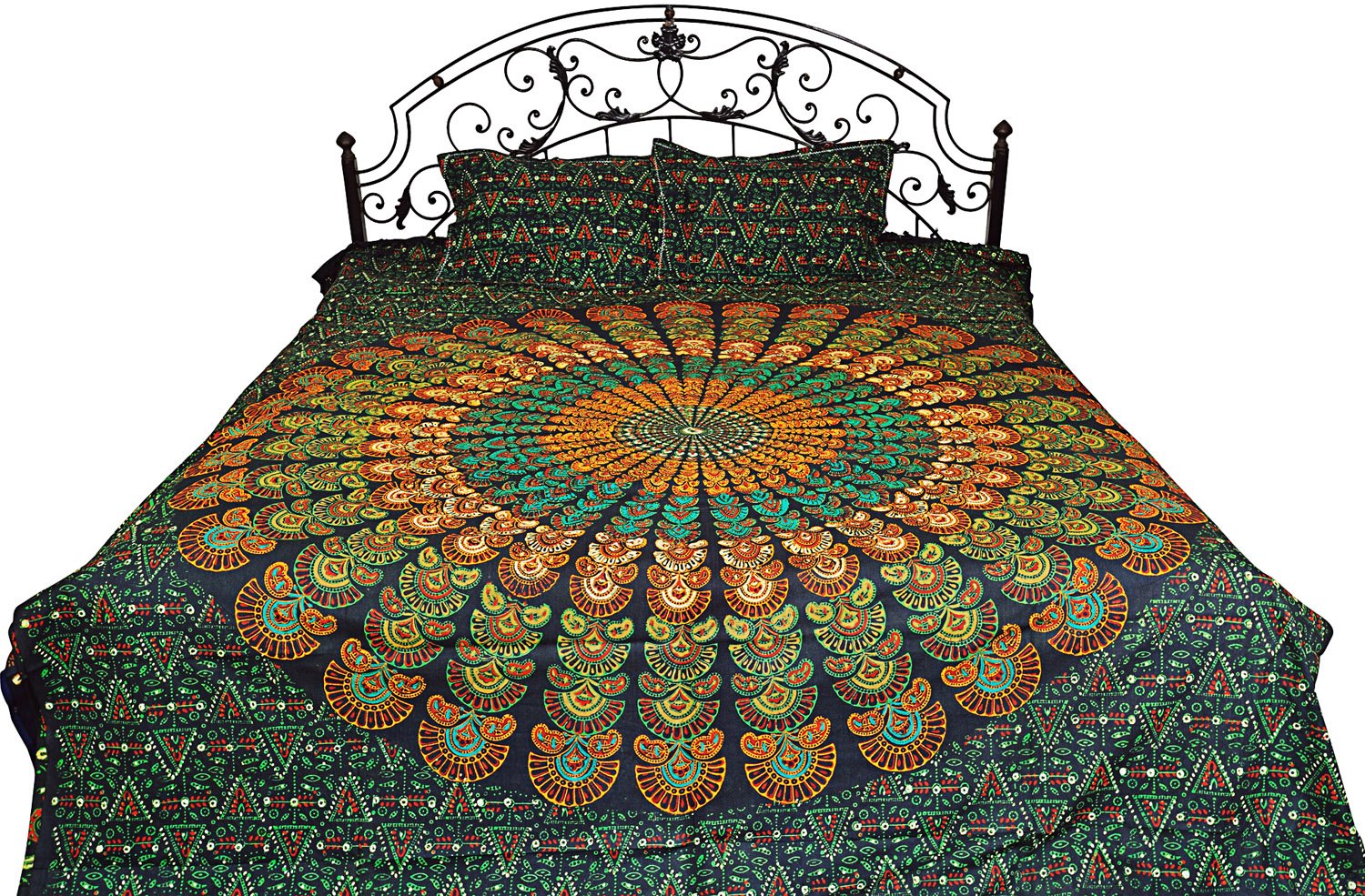 Exotic India Bedspread from Pilkhuwa with Printed Giant Mandala - Pure Cotton with Natural D - Ponderosa Pine Color-image-44