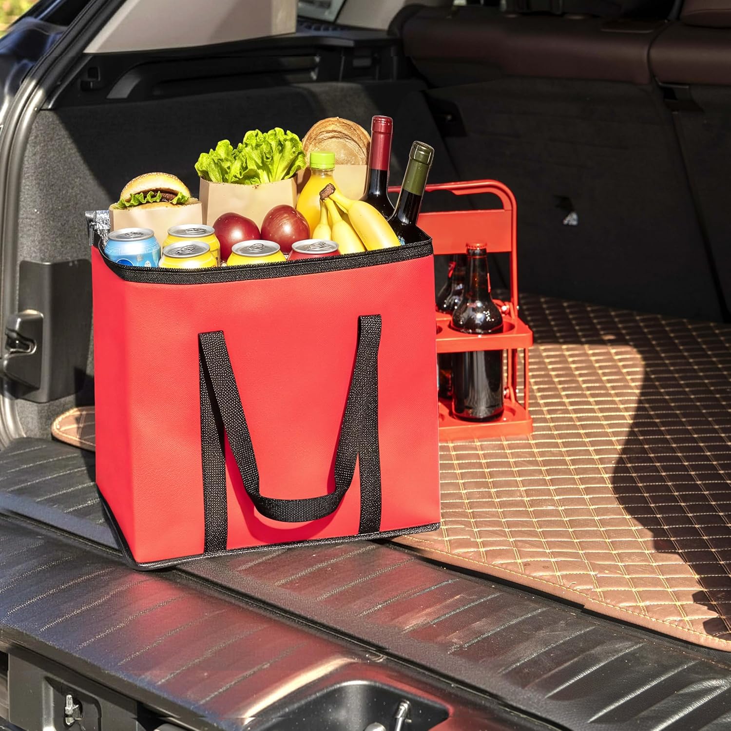 Reusable 6 Cup Drink Carrier with Handle and Insulated Food Delivery Bag, Portable Plastic Cup Caddy, 26L Grocery Cooler Box for Car Delivery, Travel, Picnic - Image 4