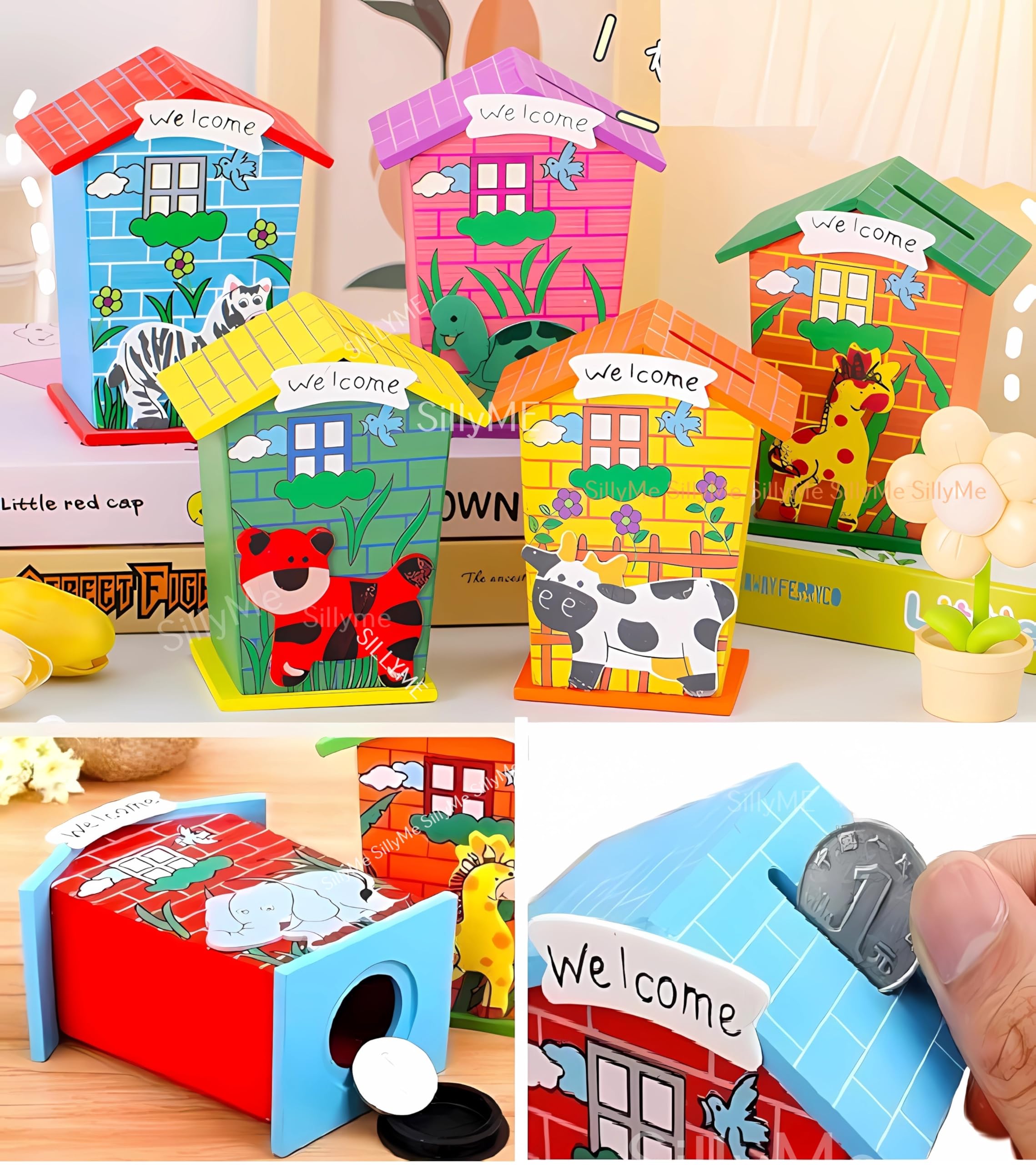 SILLYME 10Pcs Wooden Piggy Banks - Return Gifts Birthday Party For Kids, Colourful Animal Hut Shaped Coin Banks - Return Gift For Kids Birthday Age 6-10