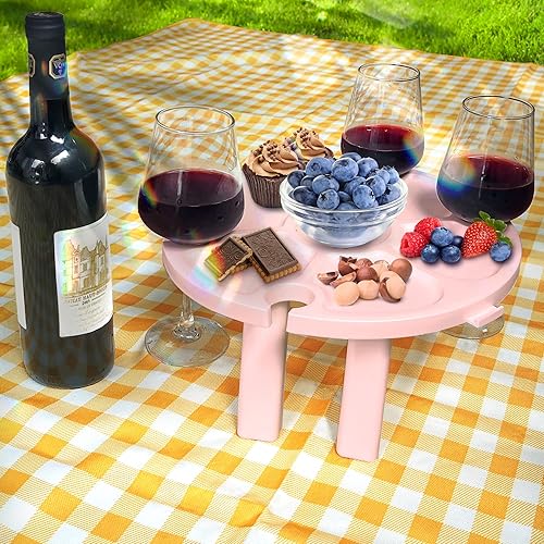 SAMSIER Mesa de picnic portátil para exteriores con soporte para copas de vino, mesa redonda de plástico pequeña, plegable, impermeable, ligera para