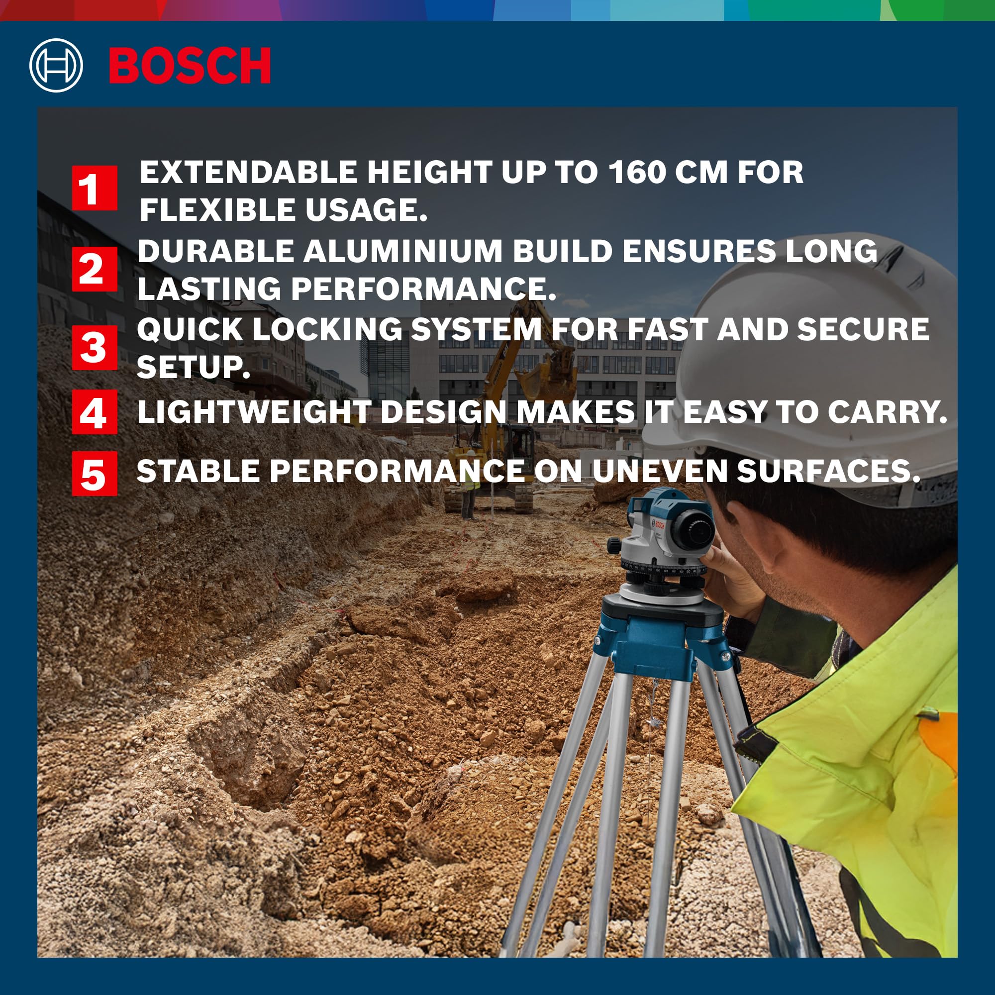 Bosch KKg_50 Bt160 Trípode de aluminio para nivel automático, plateado