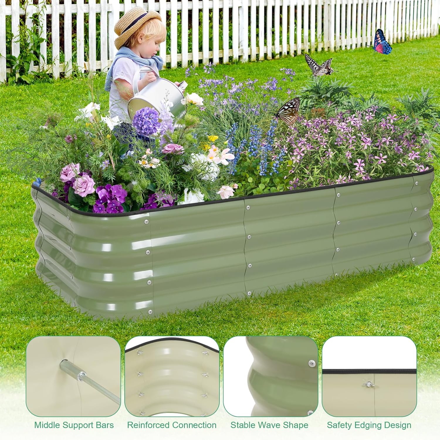 1MORE Raised Garden Bed -4X2X1 Galvanized Planter Box for Outdoor Gardening,3 in 1 Modular Raised Bed Kit with Protective Tape, Gloves for Herb，Ideal for Vegetables and Plants.Green-1Pcak