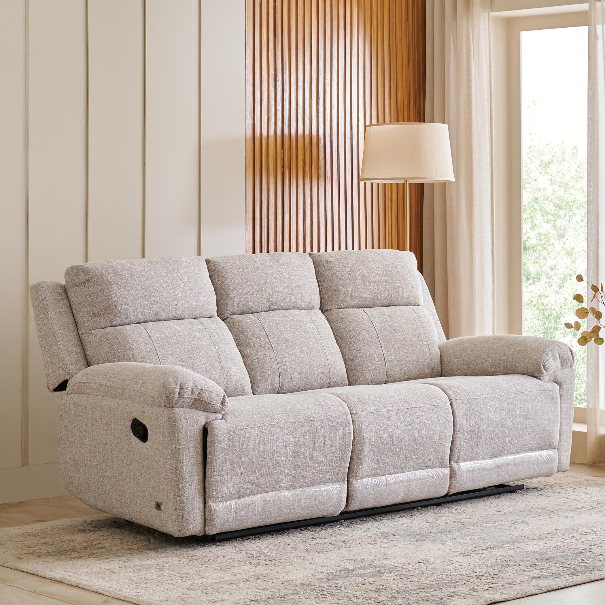 Home Centre | Lambert Fabric 3-Seater Recliner | Recliner Sofa for Living Room | Solid Wood | Beige | 1 Year Warranty