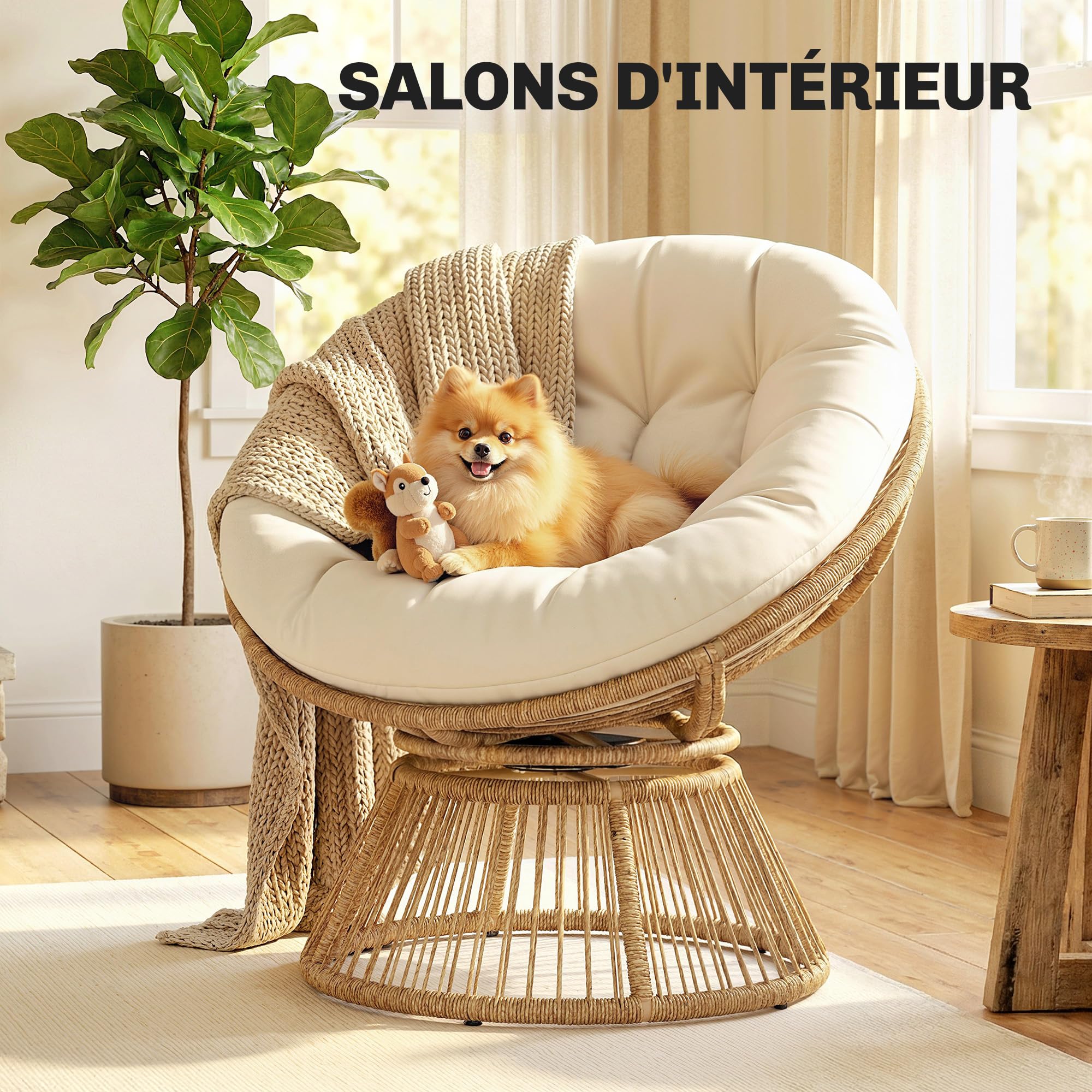 Outsunny Fauteuil Papasan Pivotant 360° avec Coussin Moelleux 12cm Fauteuil de Jardin en Polyrotin et Acier Siège Rond Relaxation pour Salon, Terrasse et Balcon Naturel