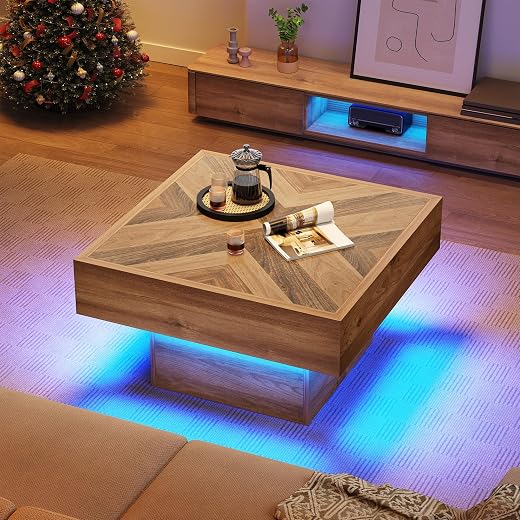 YITAHOME Farmhouse Coffee Tables Square Coffee Table for Living Room Wood LED Coffee Table with Storage Modern Living Room Tables with 2 Drawers,Brown