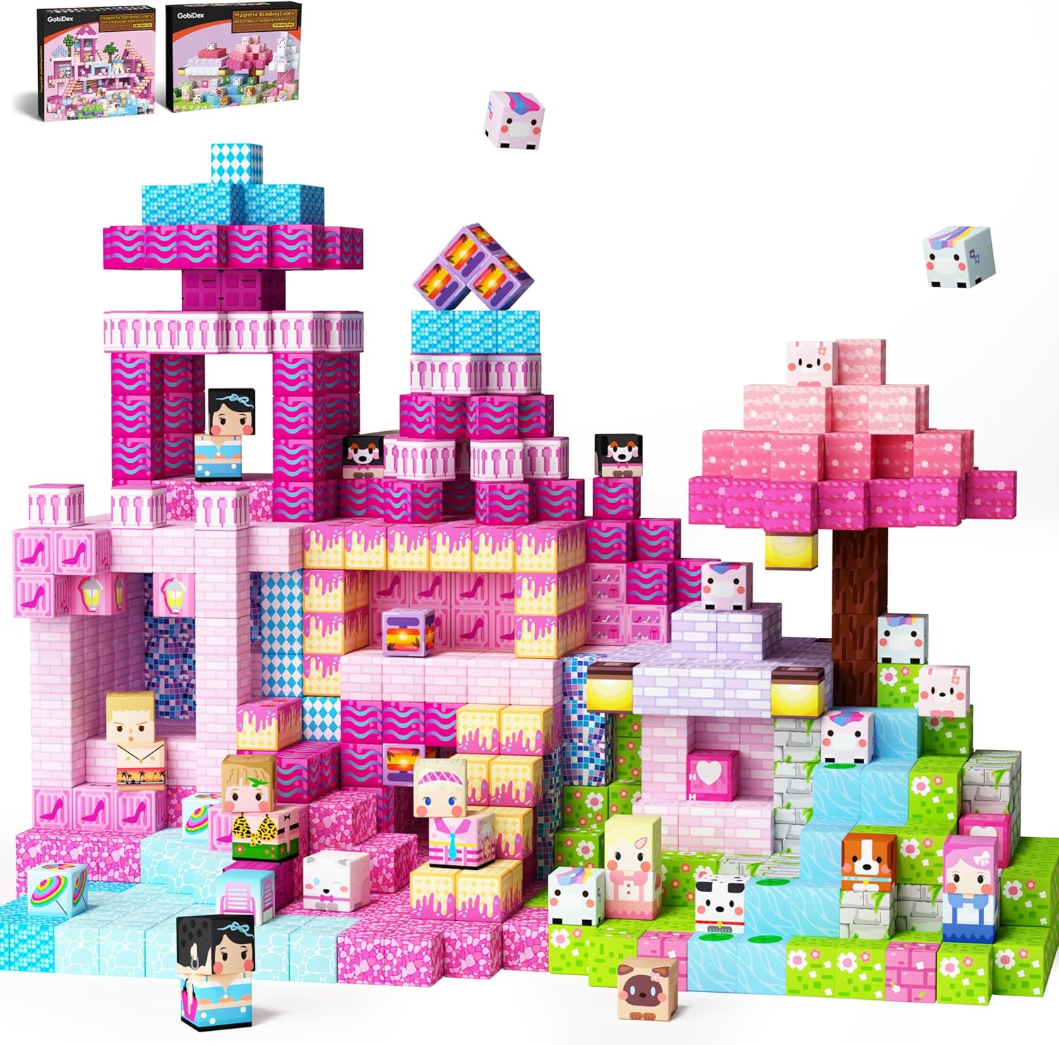 GobiDex 148PCS Magnetic Blocks Kids Building Toys for Boys Girls 3+, Pink Princess & Blooming Themes, STEM Magnet Construction Set in 2 Packs for Toddler Birthday Gift