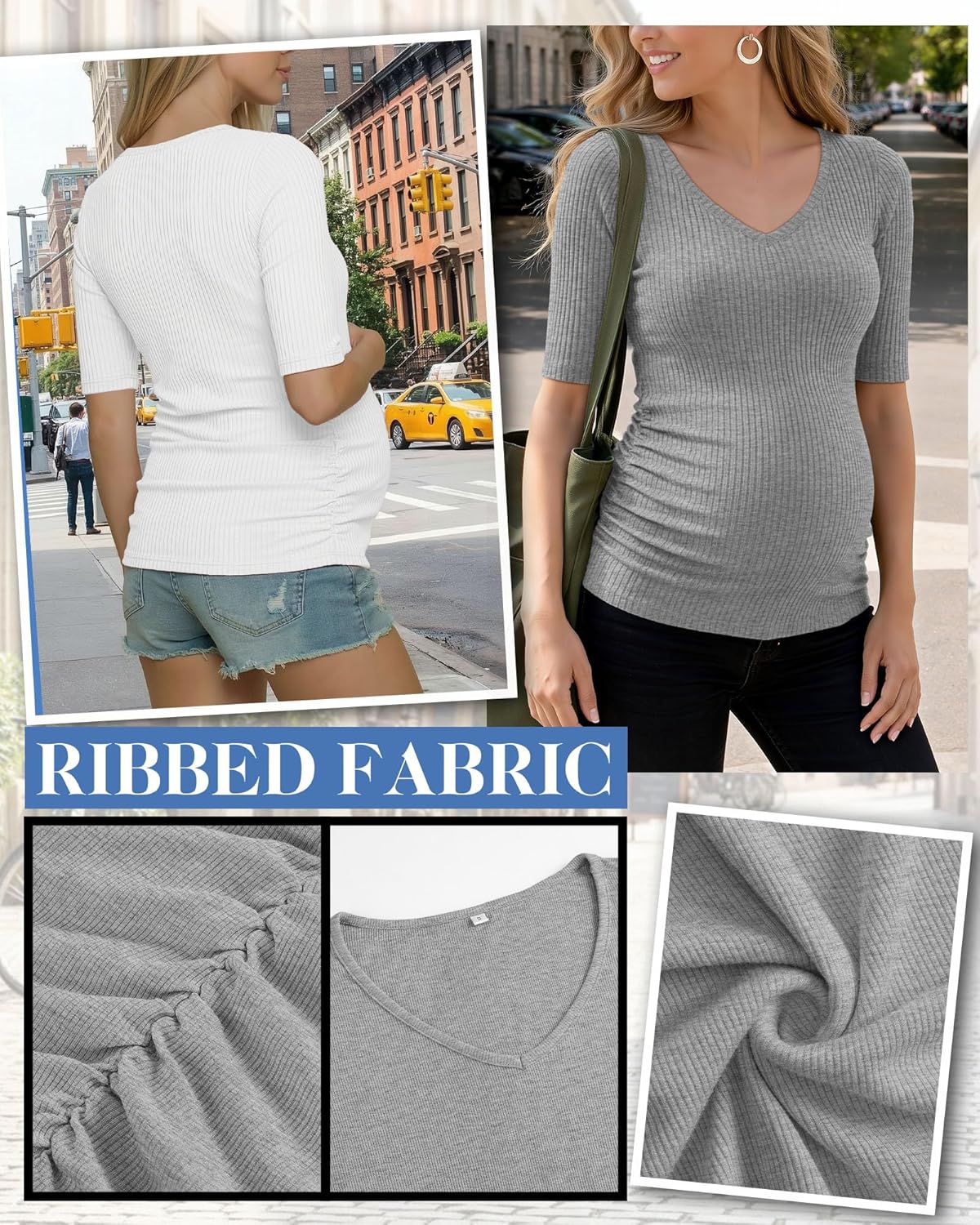 Ficerd 4 Pack Women’s Maternity Shirts, Cotton Half Sleeve Pregnancy Tops Ribbed V Neck Casual Slim Fit Maternity Clothes