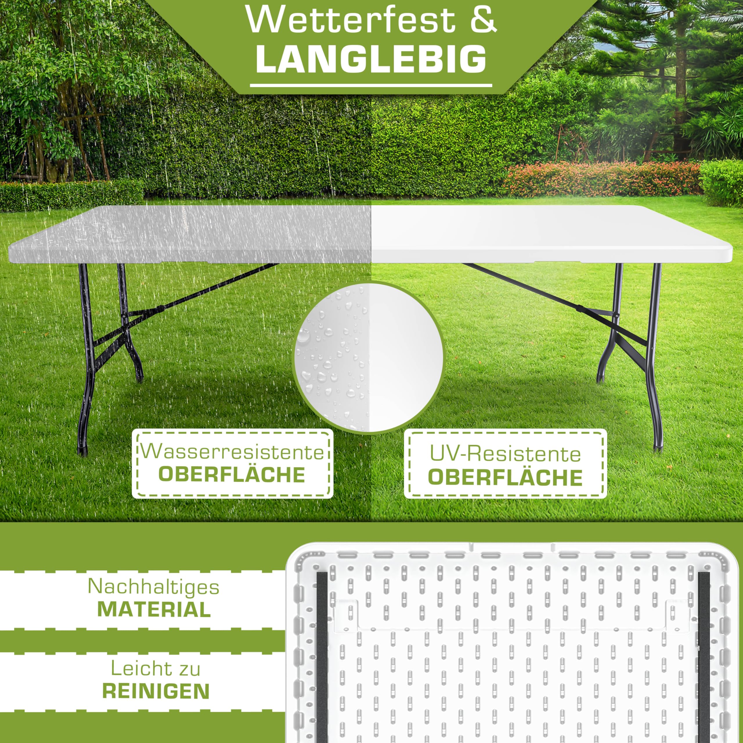 tillvex Gartentisch 180x75cm klappbar Kunststoff | Buffettisch mit Tragegriff | Klapptisch für Garten Terrasse und Balkon | Campingtisch 8 Personen