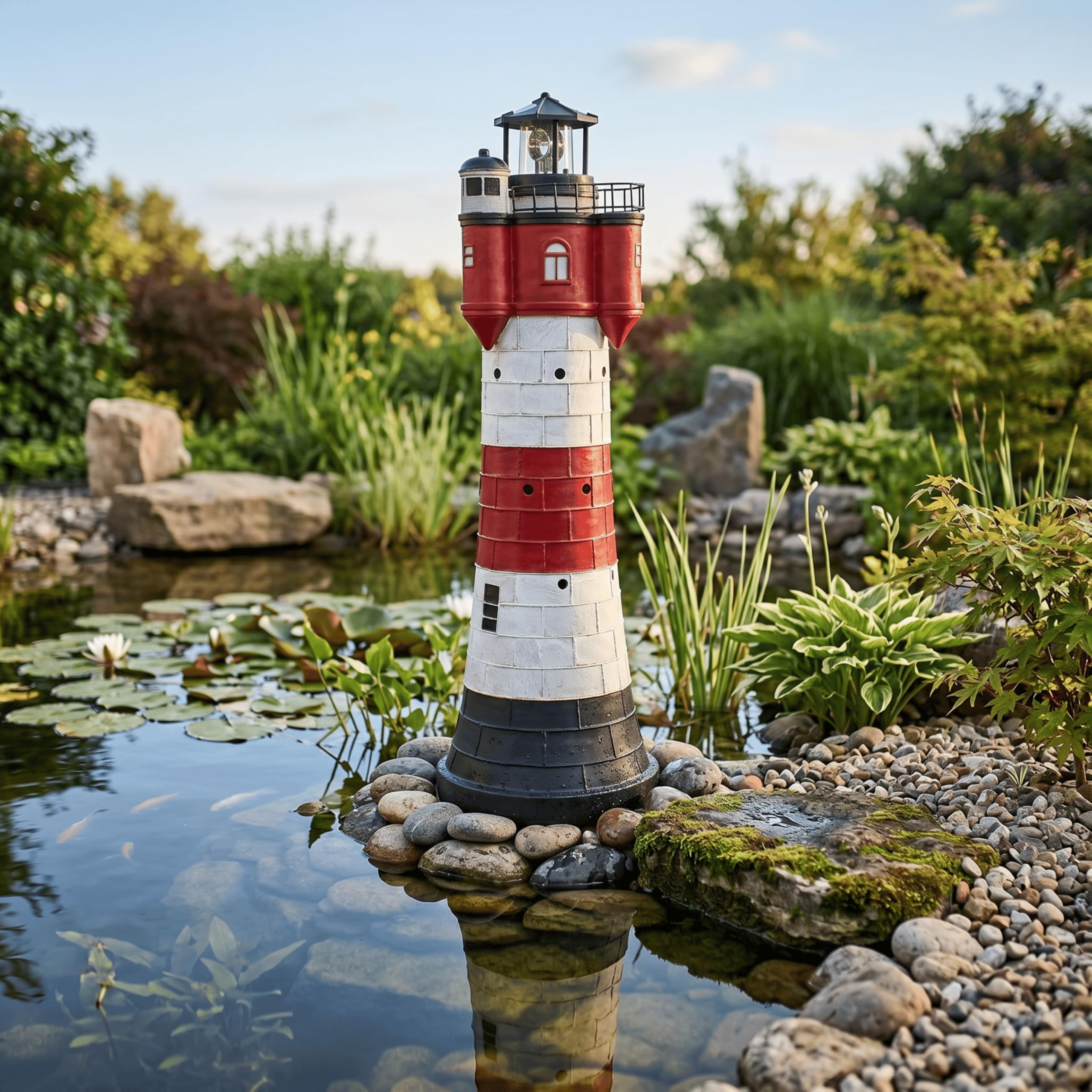 Solar Leuchtturm Roter Sand Höhe 78cm aus Polyresin mit einer weissen LED 2325 | Drehendes Leuchtfeuer, LED-Beleuchtung, Polyresin wetterfest, Maritime Gartendeko, In drei Größen erhältlich (50,78,108cm)